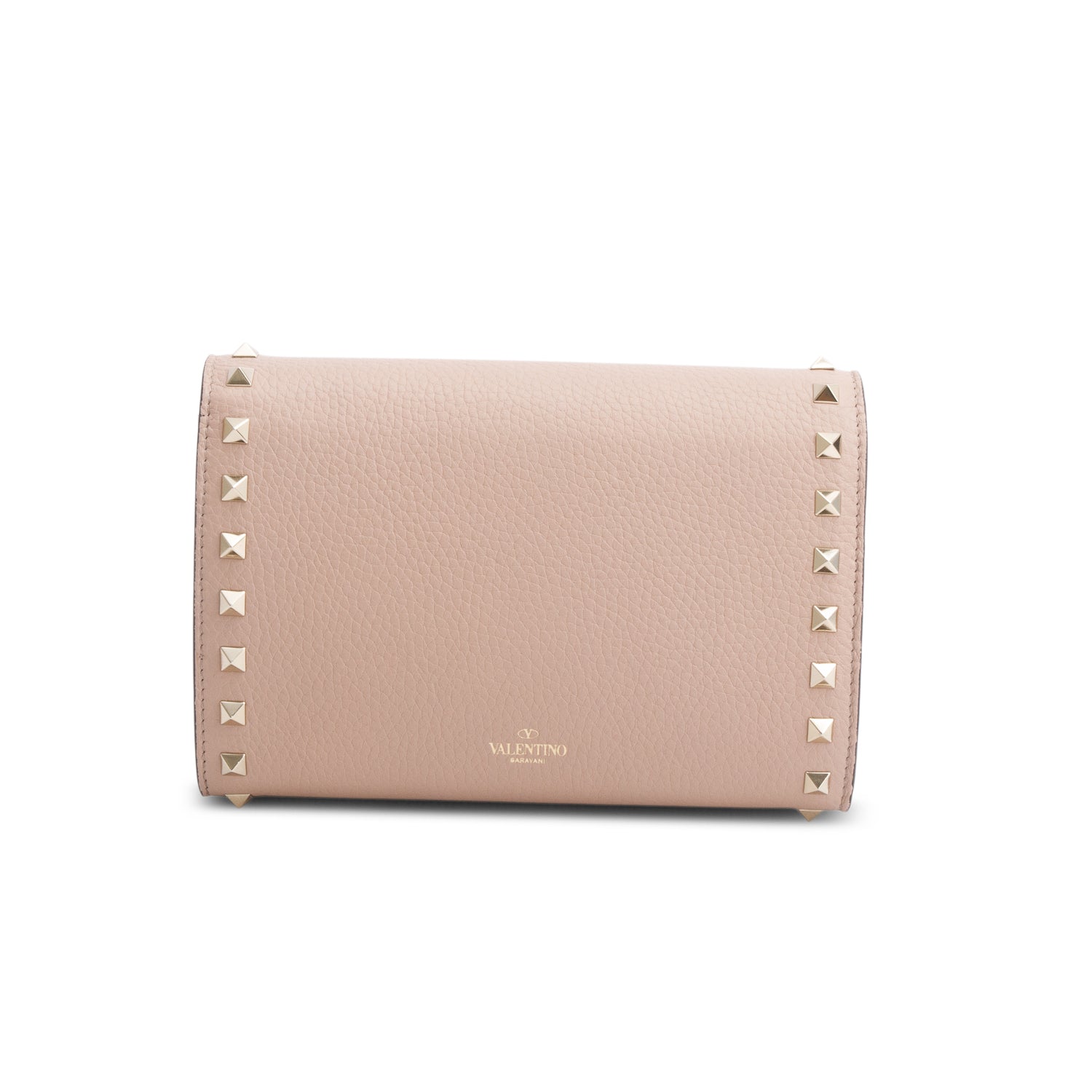 Valentino Pink Pebbled Calfskin Rockstud Envelope Wallet on Chain w/ Box