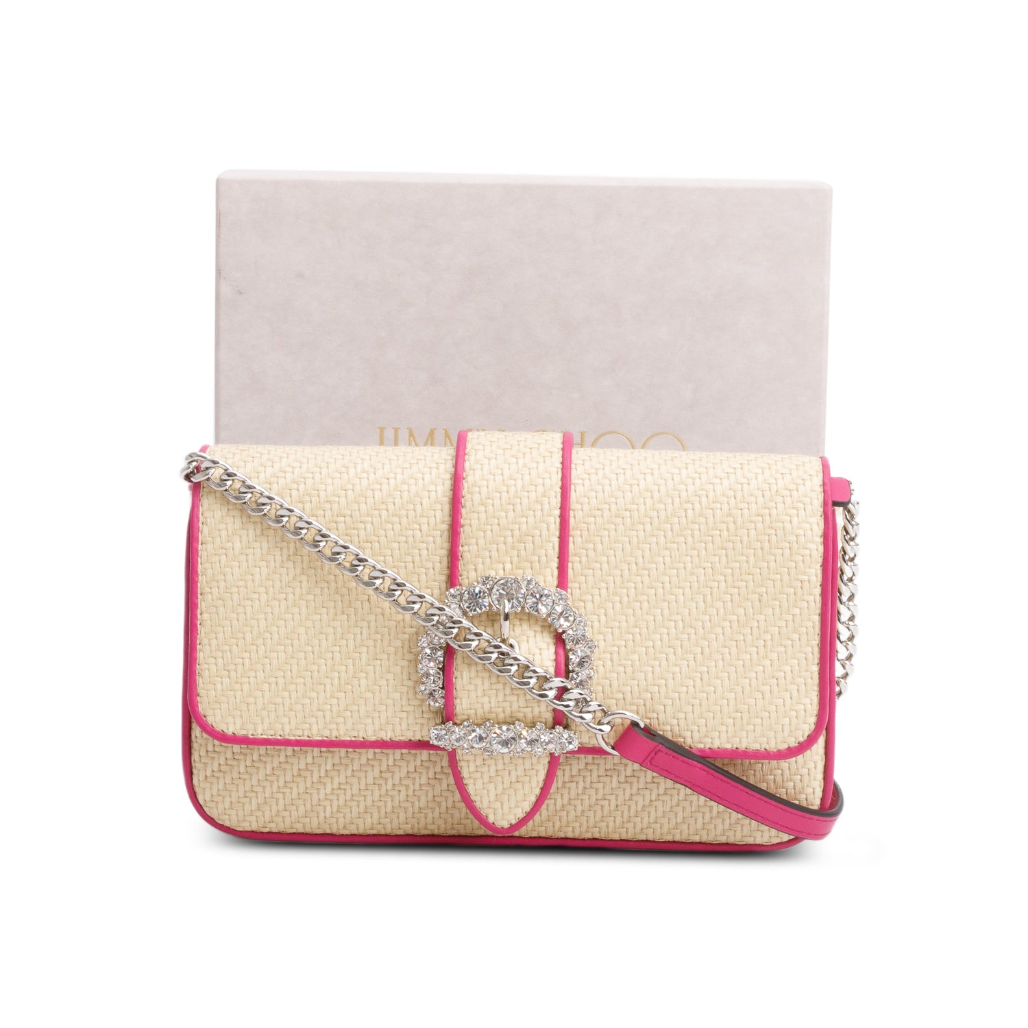 Jimmy Choo Natural/Magenta Raffia Crystal Cheri Satchel Wallet on Chain w/ Box &  Authenticity Card