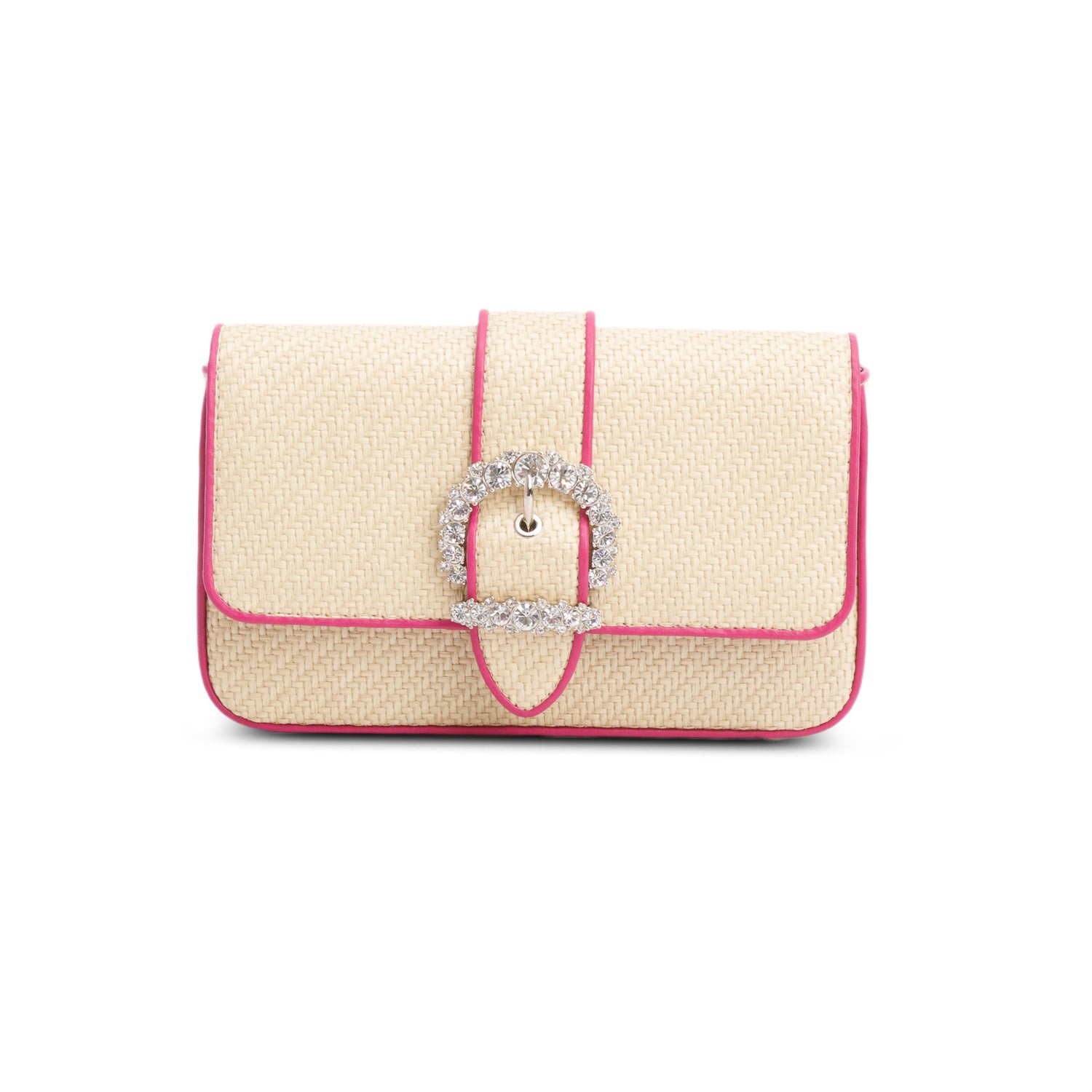 Jimmy Choo Natural/Magenta Raffia Crystal Cheri Satchel Wallet on Chain w/ Box &  Authenticity Card