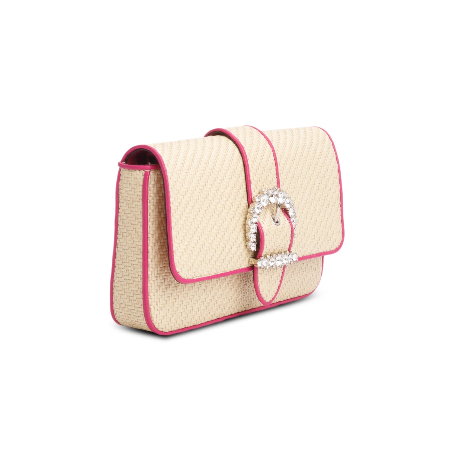 Jimmy Choo Natural/Magenta Raffia Crystal Cheri Satchel Wallet on Chain w/ Box &  Authenticity Card