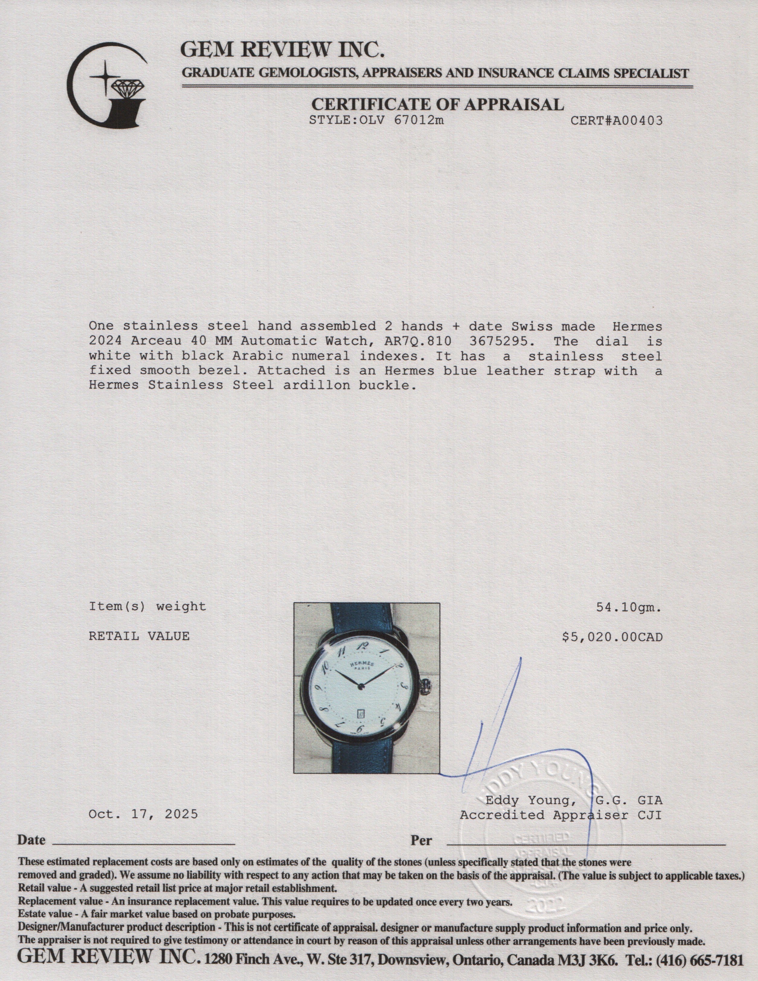 Hermes 2024 Stainless Steel Arceau 40 MM Automatic Watch AR7Q.810 w/ Box & Papers