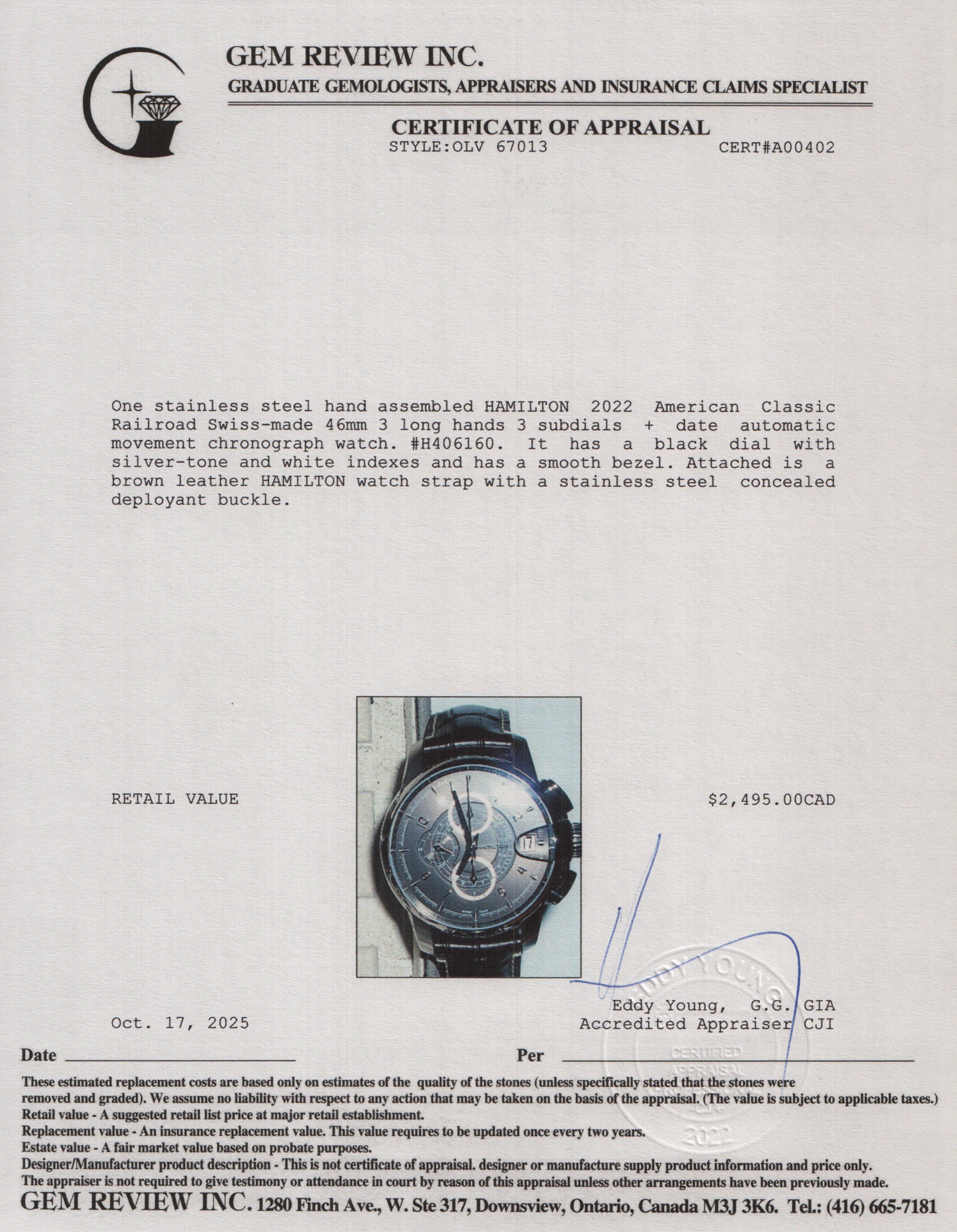 Hamilton 2022 Stainless Steel American Classic Railroad Automatic Chronograph 46 MM Watch w/ Box & Papers