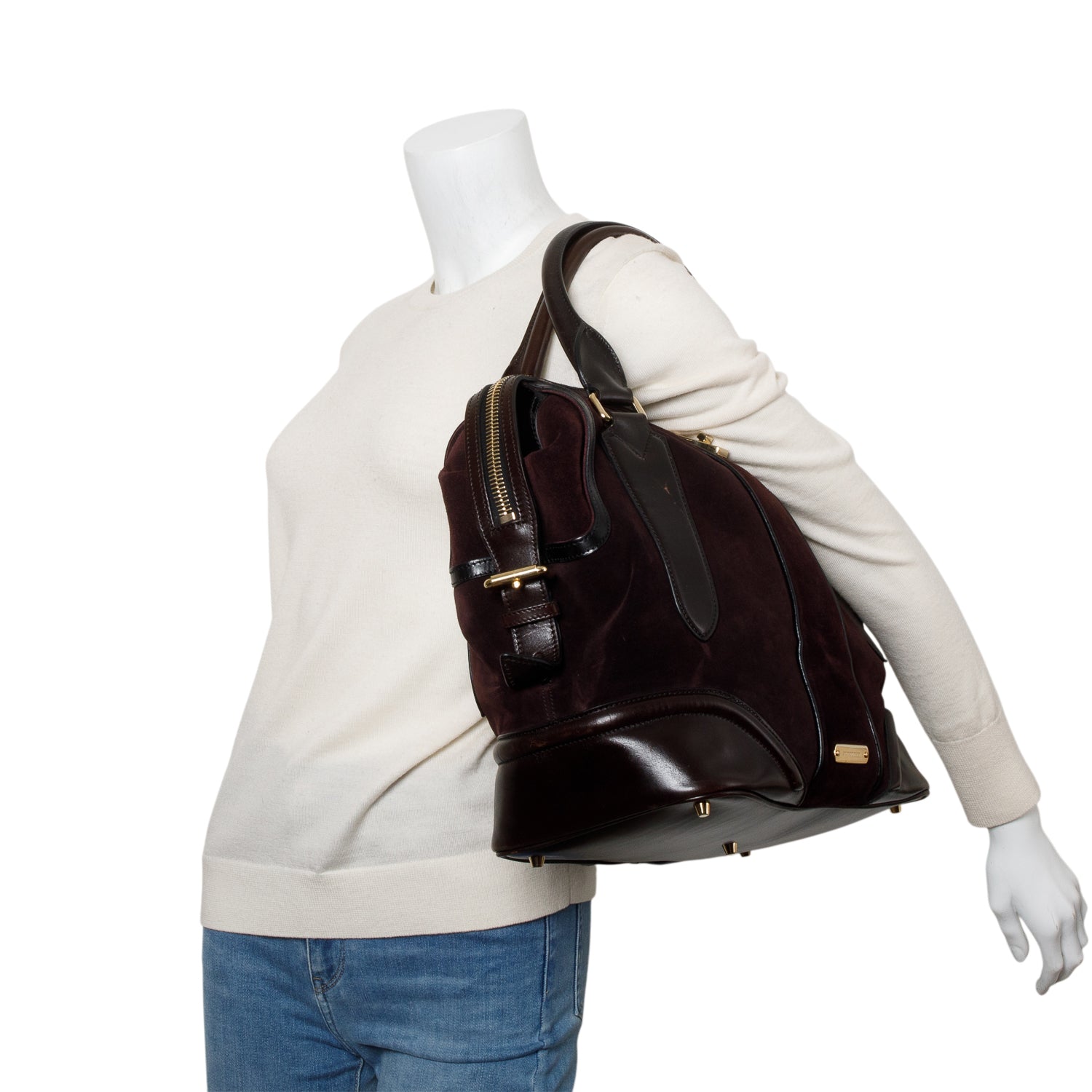 Burberry Black Leather & Burgundy Suede Aubergine Shoulder Bag