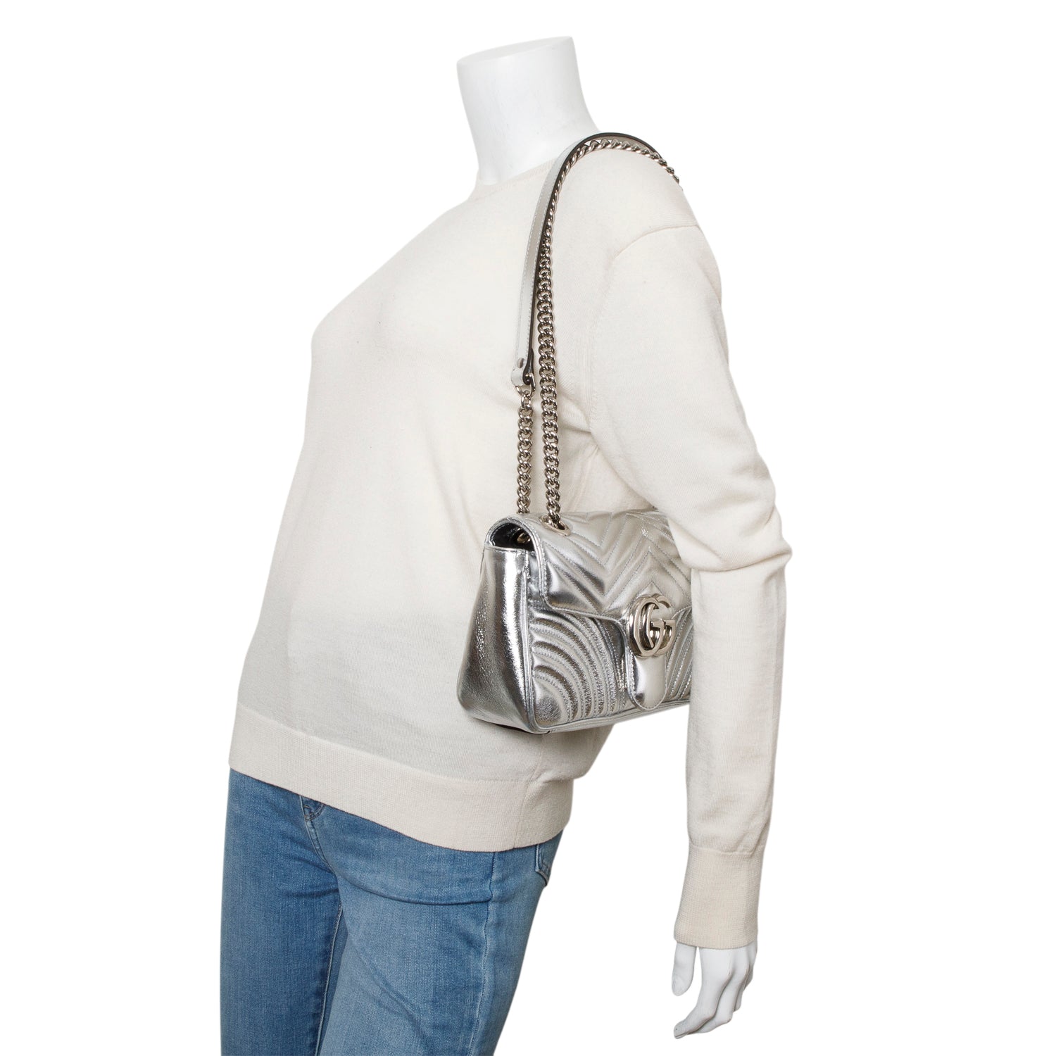 Gucci Silver Matelasse Medium GG Marmont Shoulder Bag w/ Box