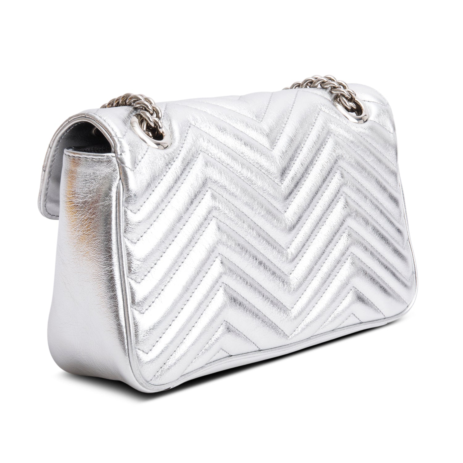 Gucci Silver Matelasse Medium GG Marmont Shoulder Bag w/ Box