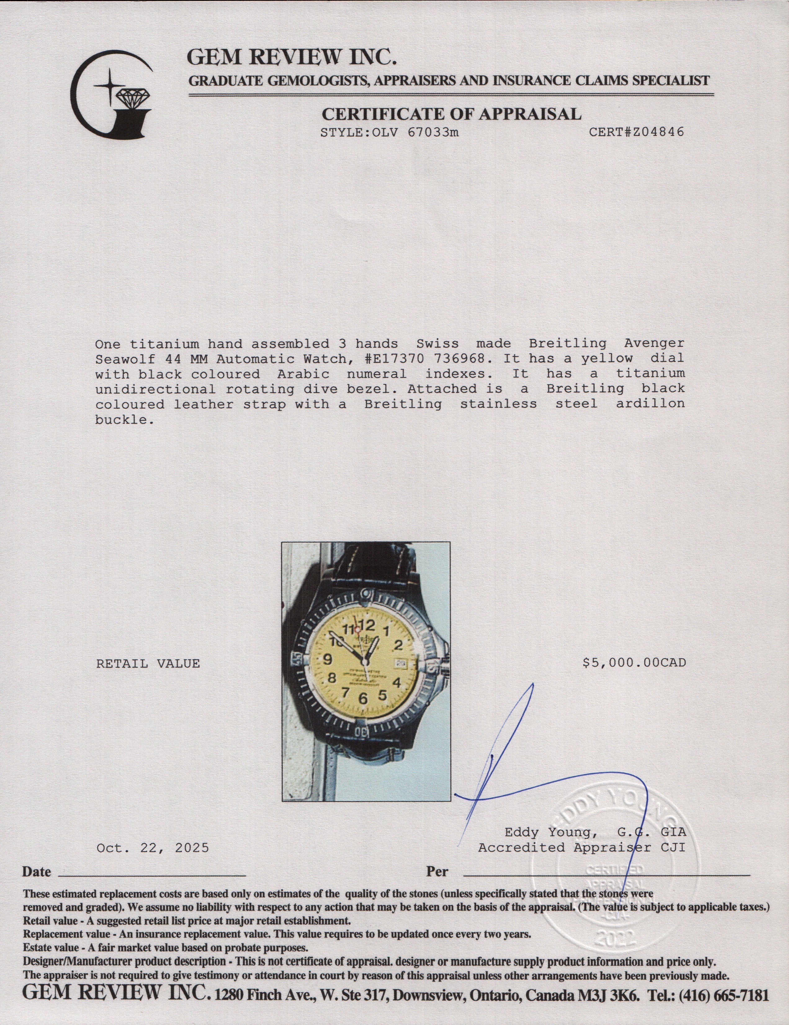 Breitling Titanium Avenger Seawolf 44 MM Automatic Watch Yellow Dial E17370