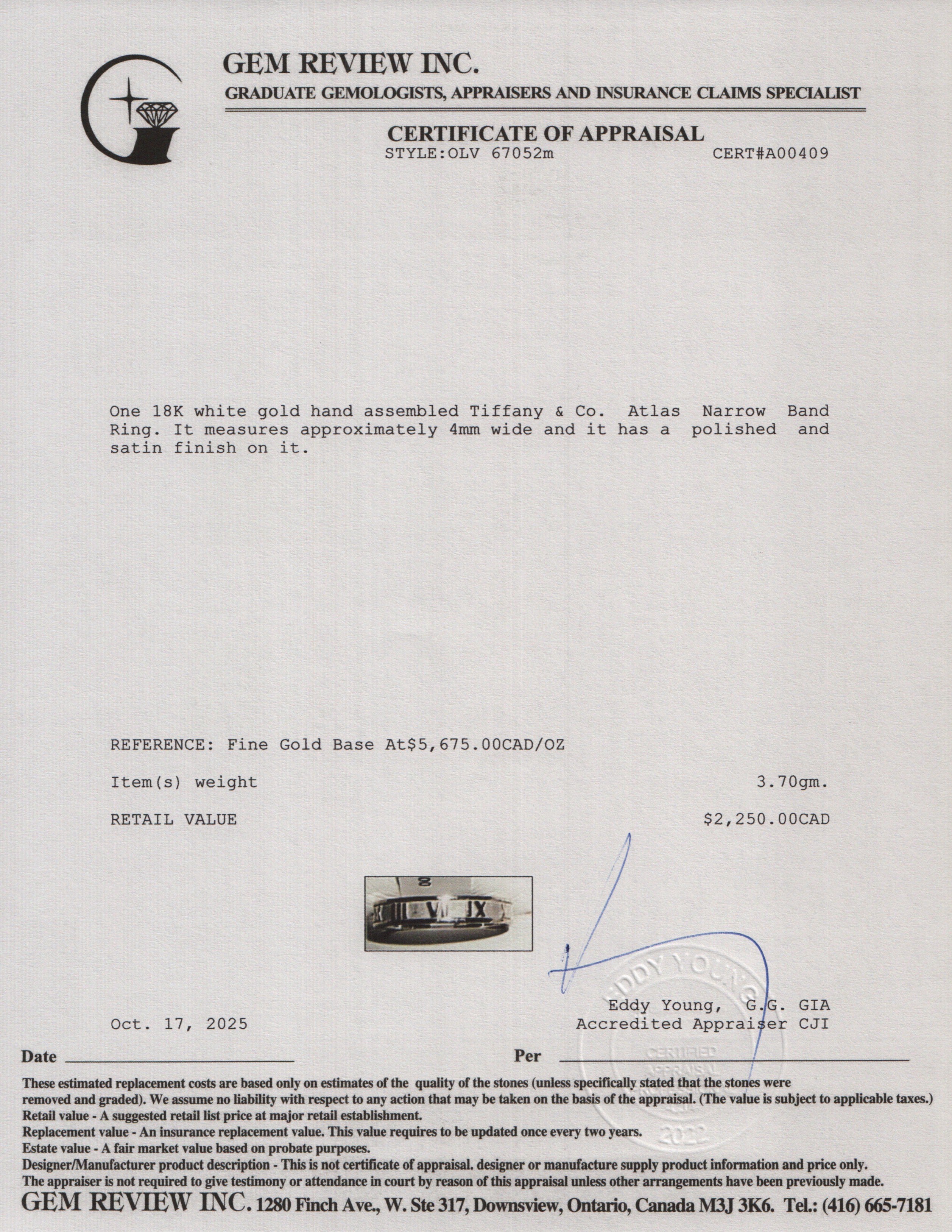 Tiffany & Co. 18k White Gold Atlas Narrow Band Ring, Size 5 w/ Box