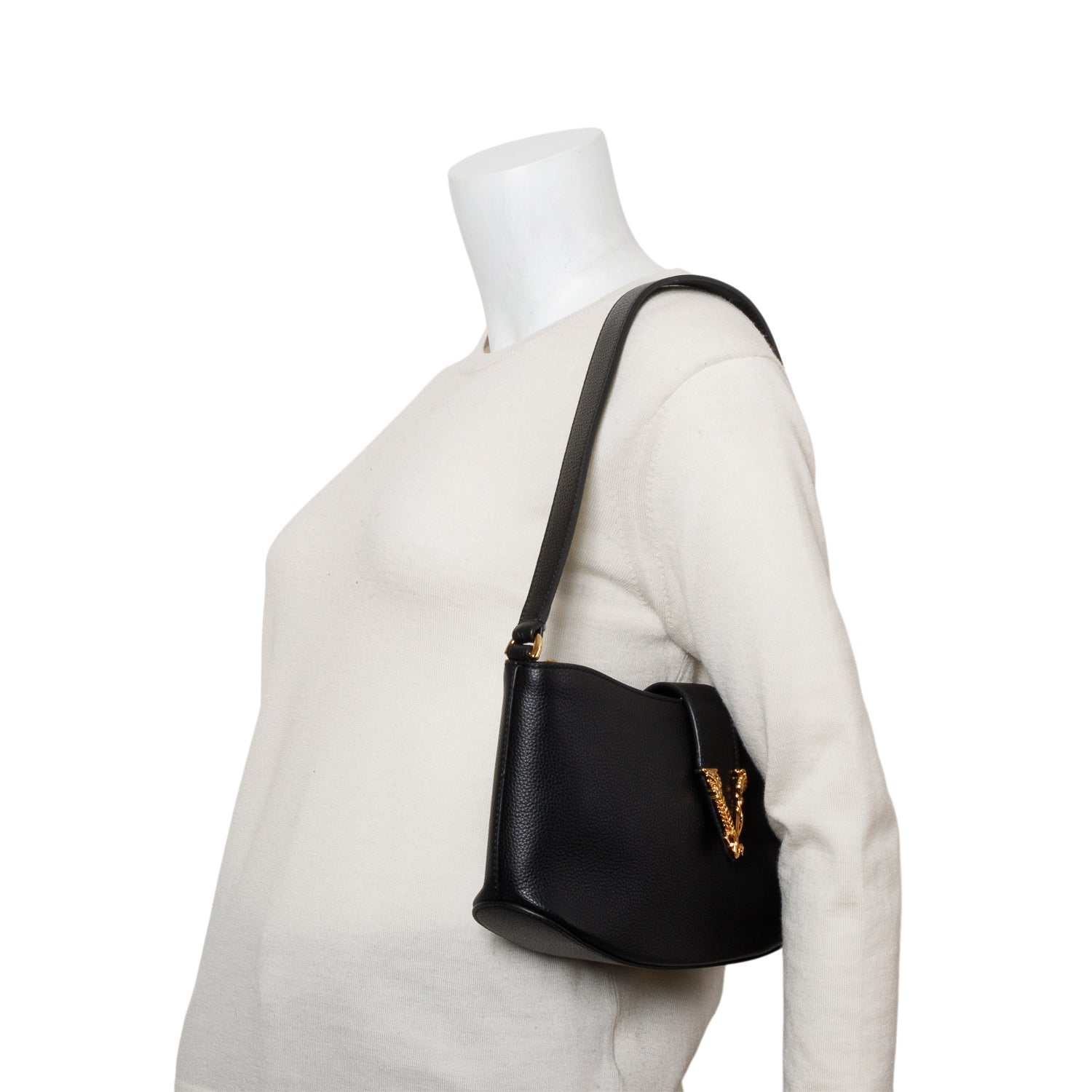 Versace Black Leather Virtus Hobo Shoulder Bag