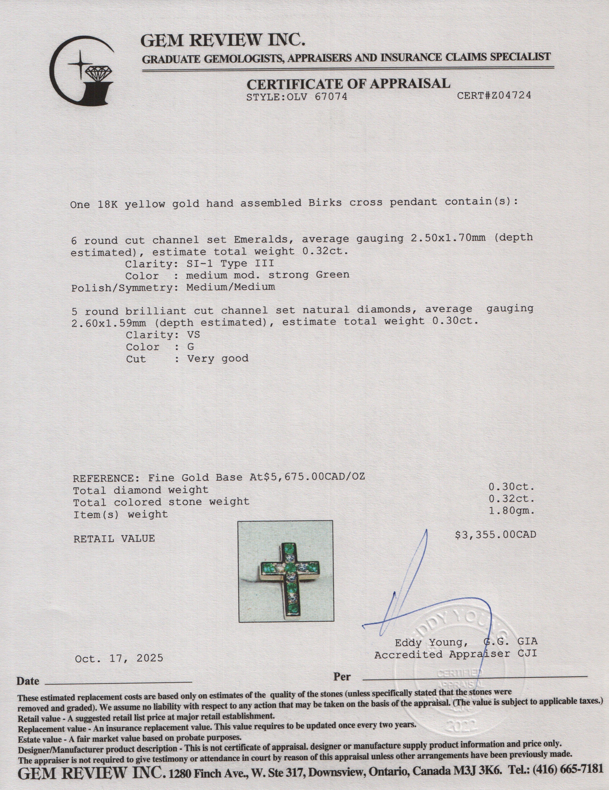 Birks 18k Yellow Gold Emerald & Diamond Cross Pendant