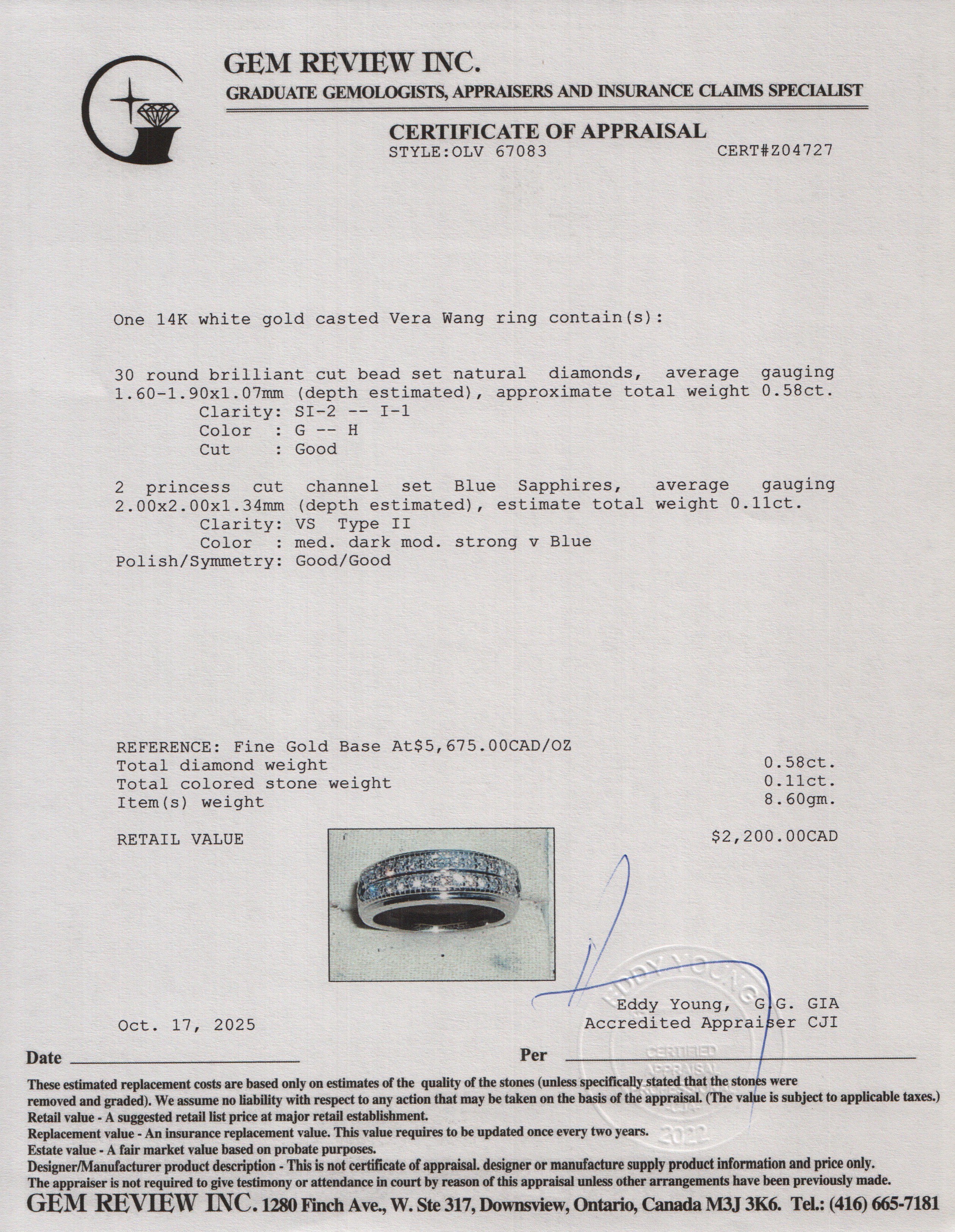 Vera Wang 14k White Gold Love Double Row Diamond Gents Band Ring, Size 9