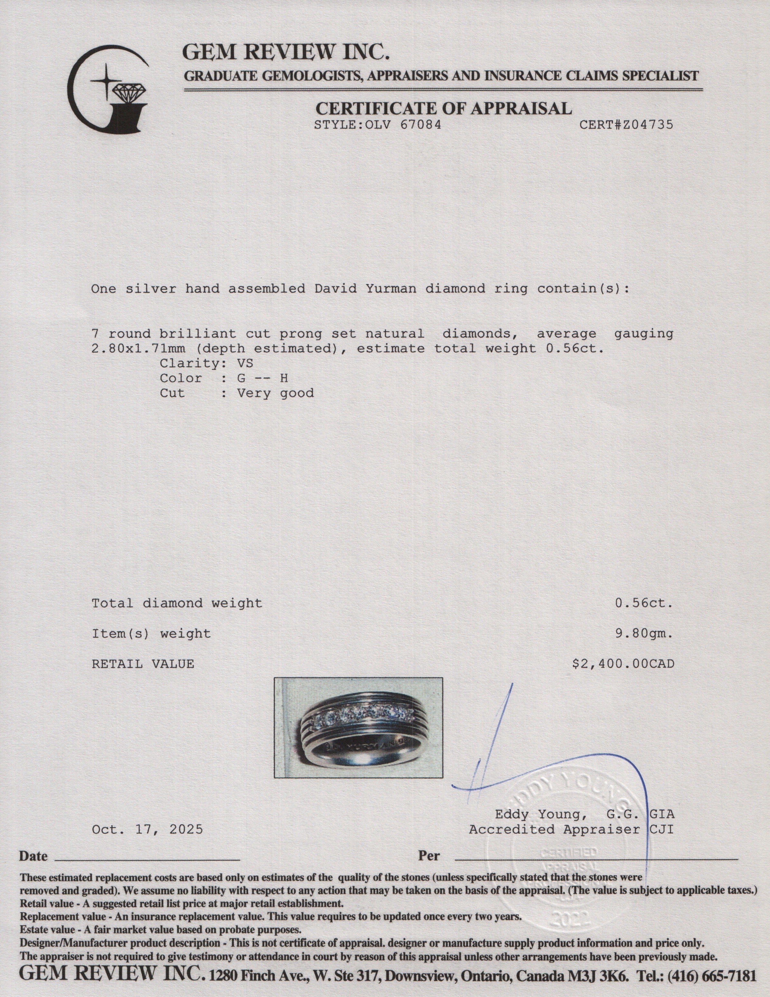 David Yurman Sterling Silver Diamond Royal Cord Band Ring, Size 10