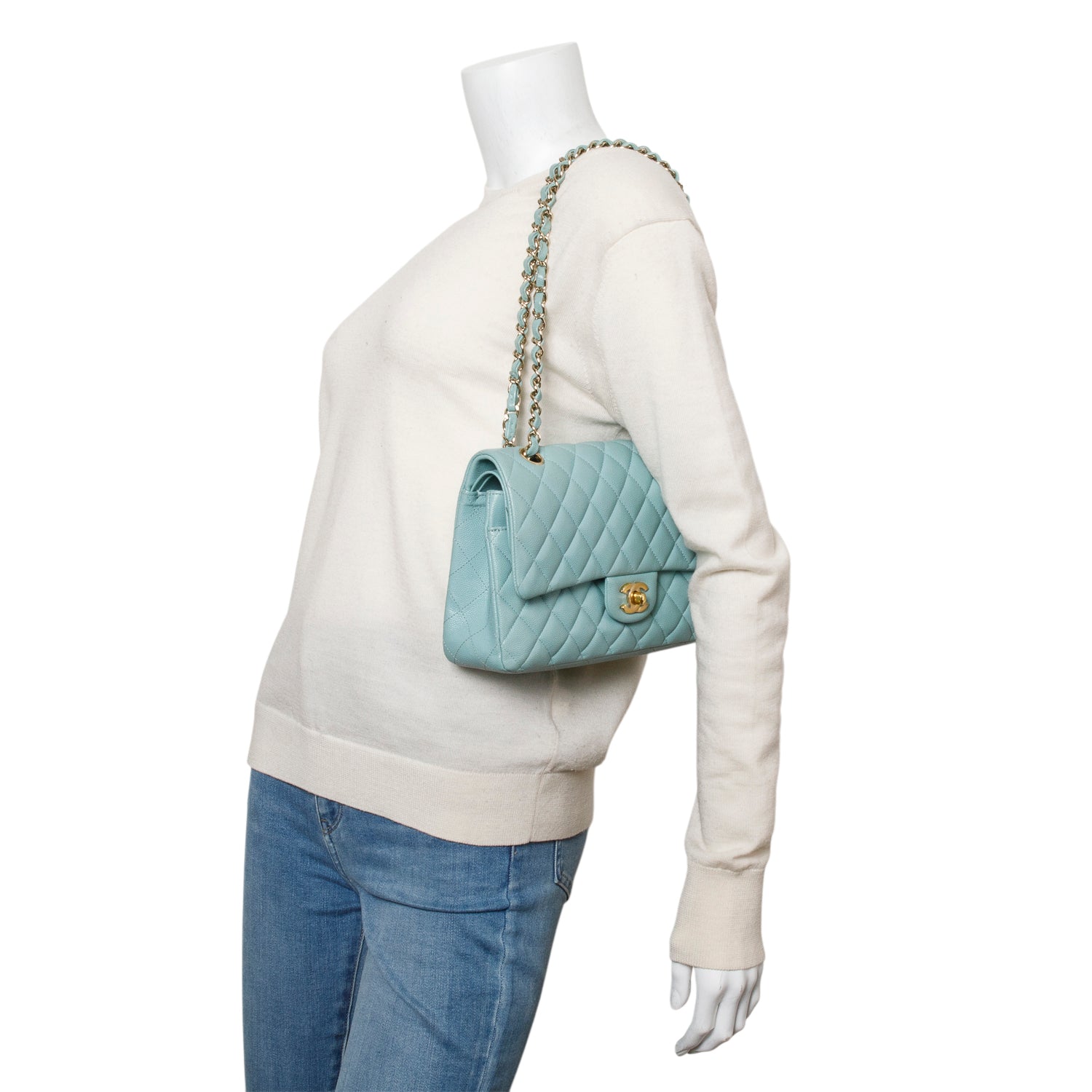 Chanel Turquoise Caviar Quilted Medium Double Flap Bag w/ Box & Authenticity Card