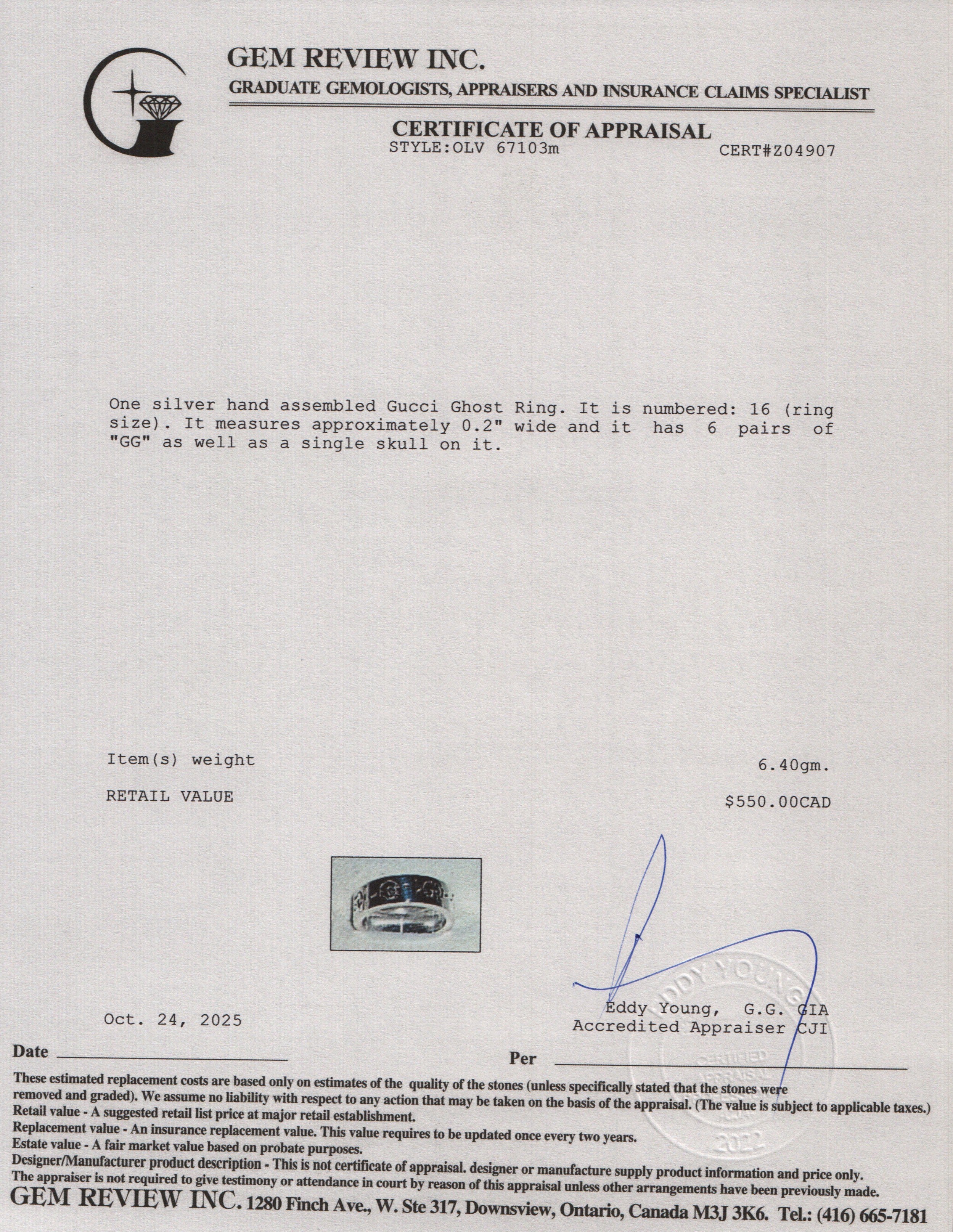 Gucci Sterling Silver Ghost Ring, Size 7.5  w/ Box