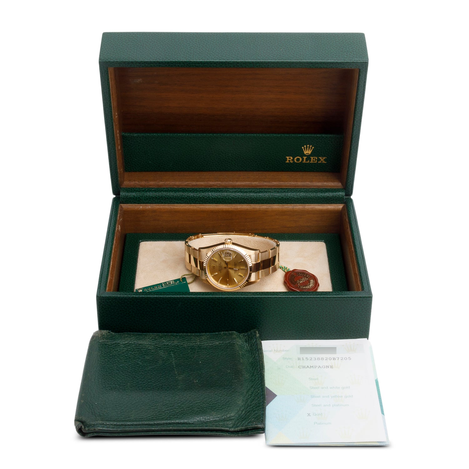 Rolex 18k Yellow Gold Oyster Perpetual Date 34 MM Watch Champagne Dial 15238 w/ Box & Papers