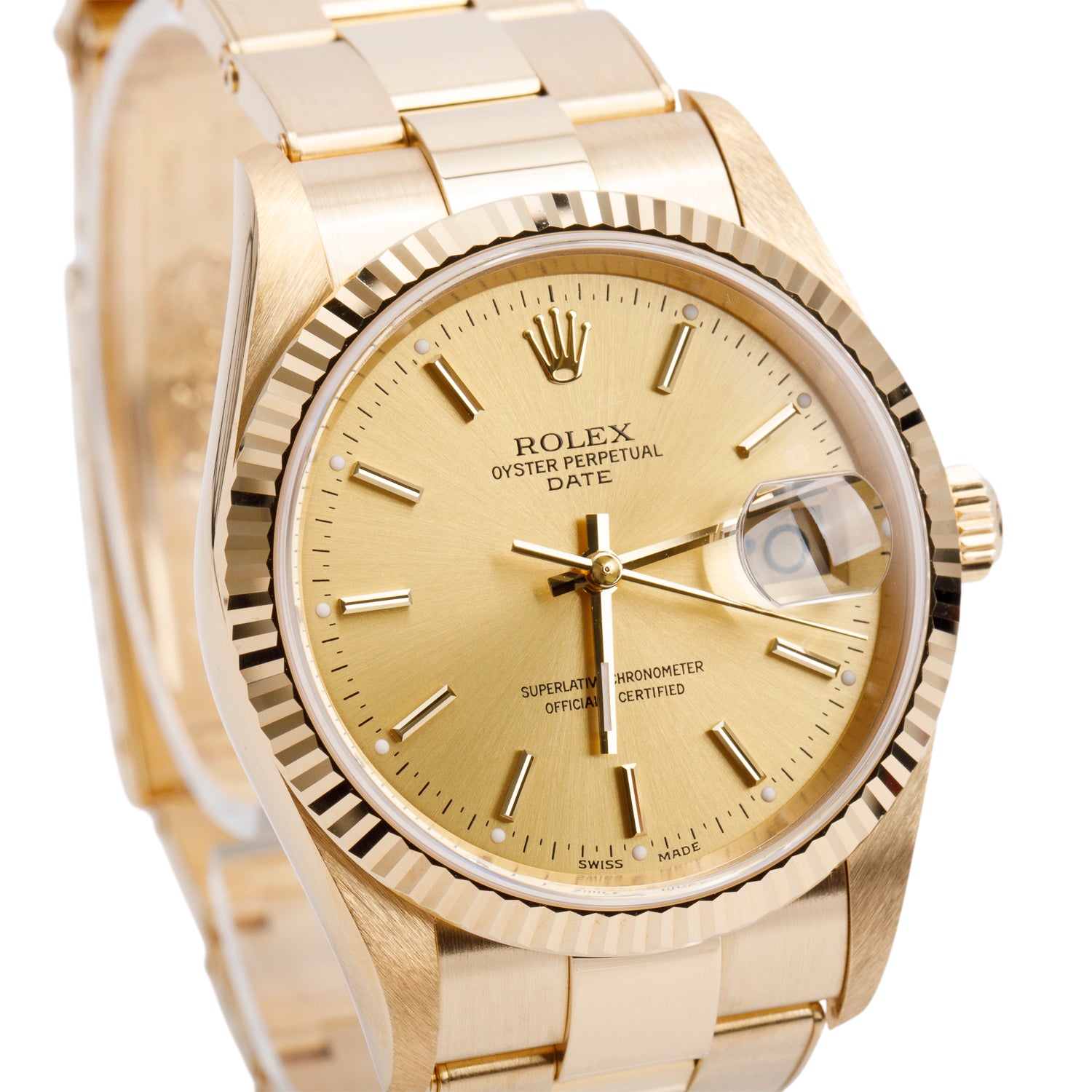 Rolex 18k Yellow Gold Oyster Perpetual Date 34 MM Watch Champagne Dial 15238 w/ Box & Papers