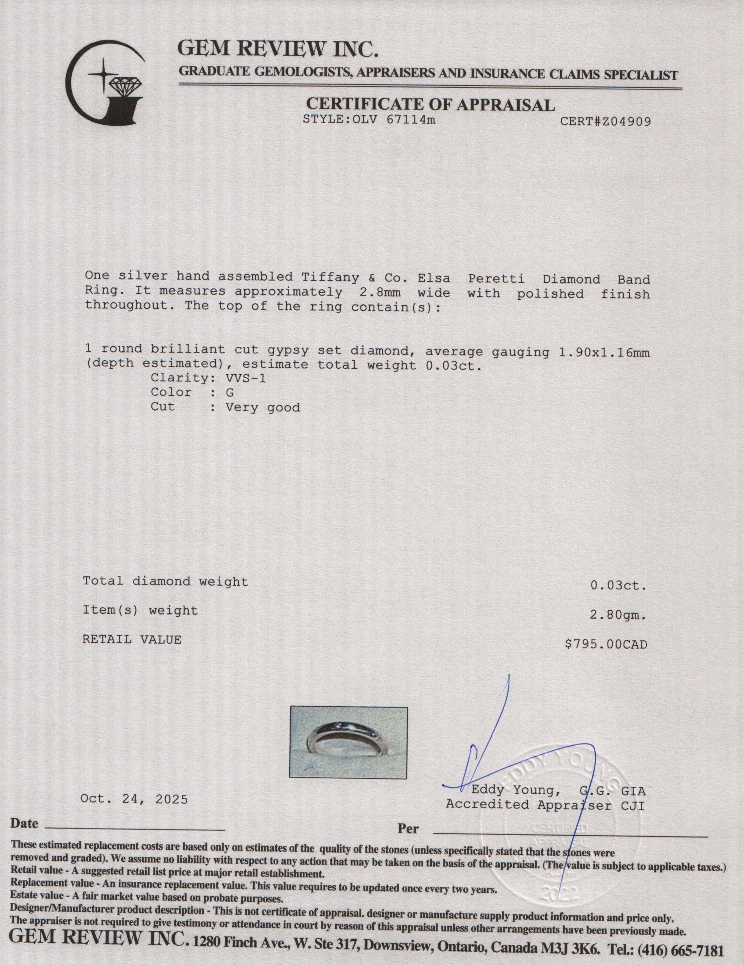 Tiffany & Co. Elsa Peretti Sterling Silver Diamond Band Ring, Size 7.5