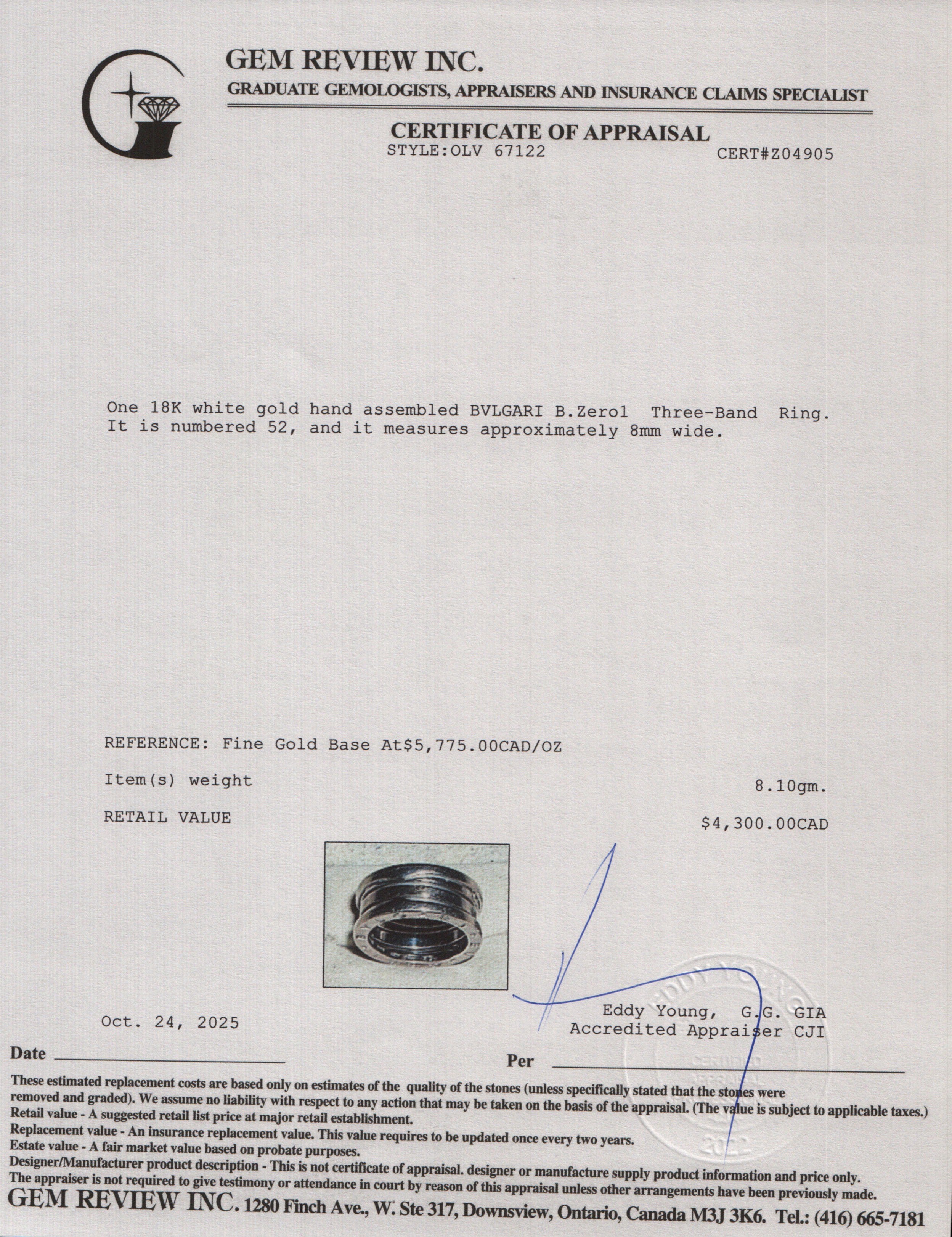 BVLGARI 18k White Gold B.Zero1 Three-Band Ring, Size 52 6