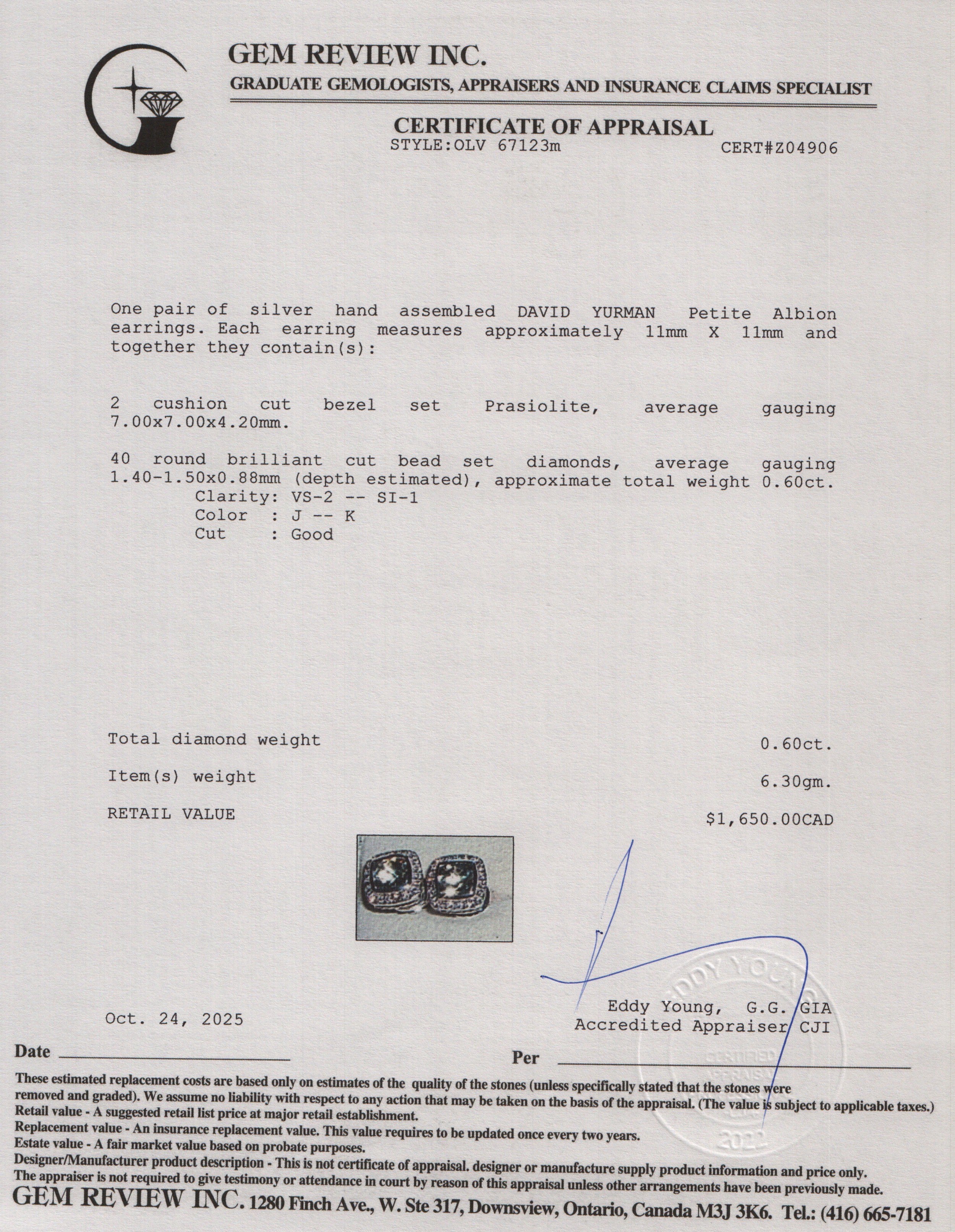 David Yurman Sterling Silver Prasiolite & Diamond Albion Stud Earrings, 7 MM