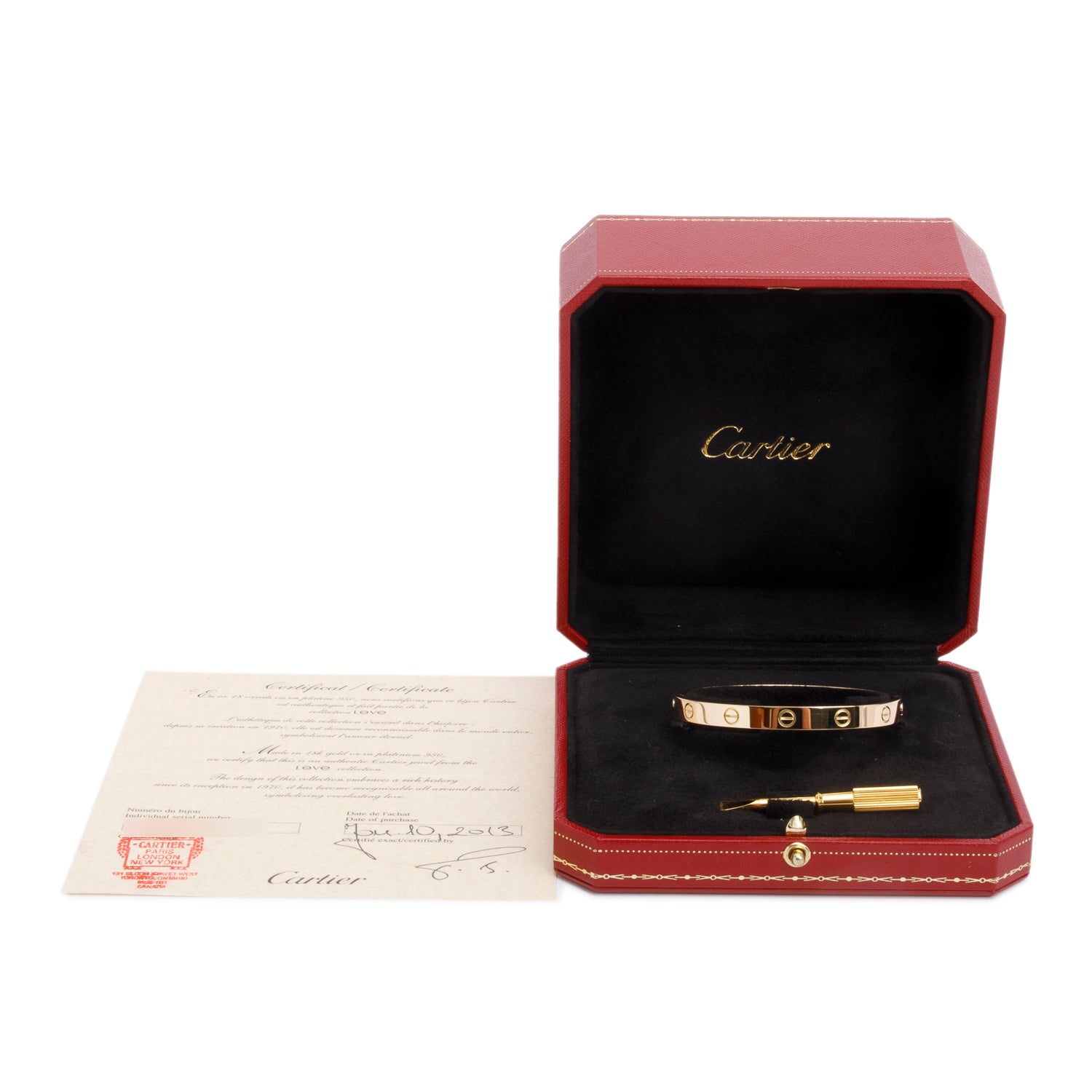 Cartier 18k Yellow Gold Love Bracelet, Classic Model, Size 17 w/ Box & Certificate