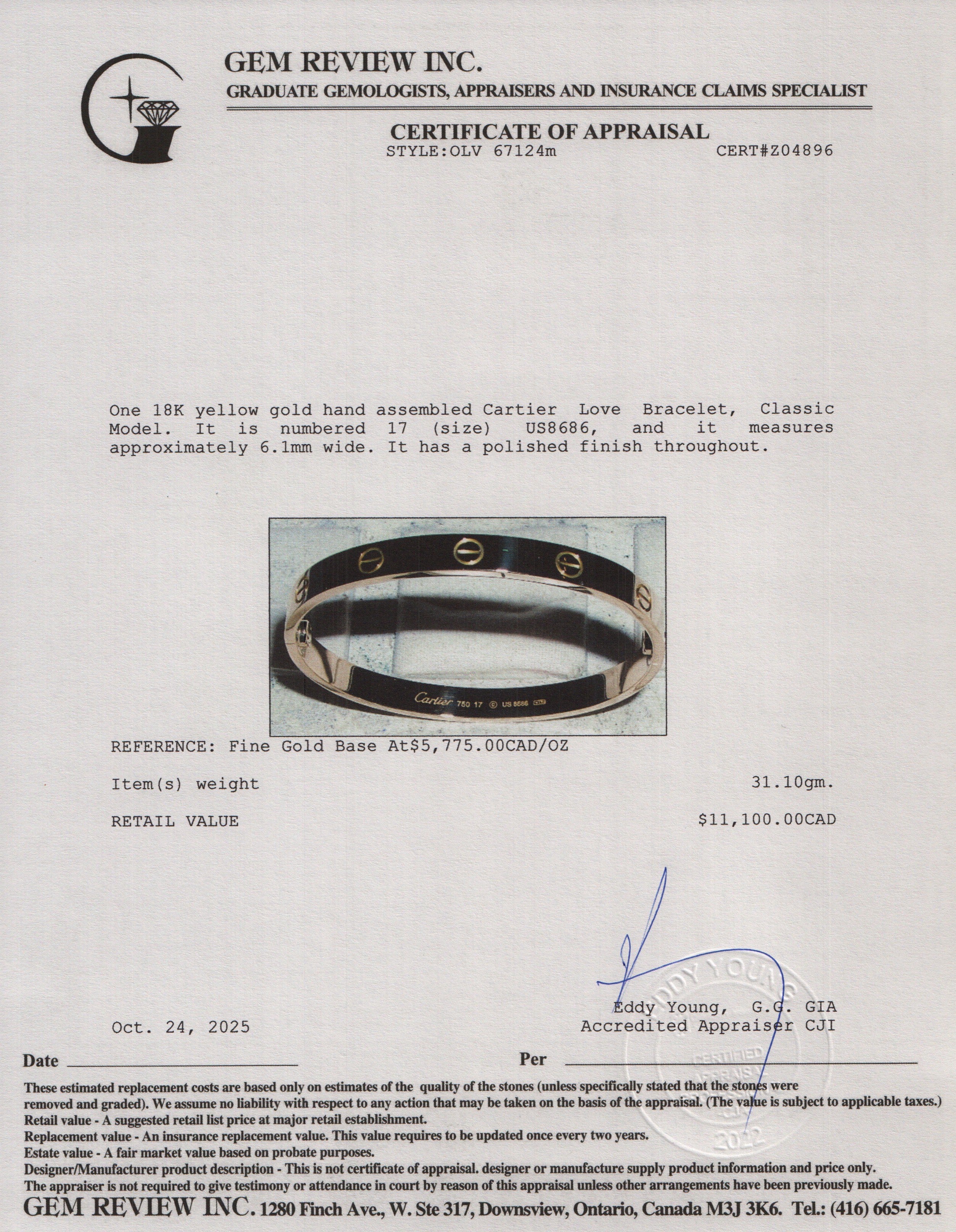 Cartier 18k Yellow Gold Love Bracelet, Classic Model, Size 17 w/ Box & Certificate