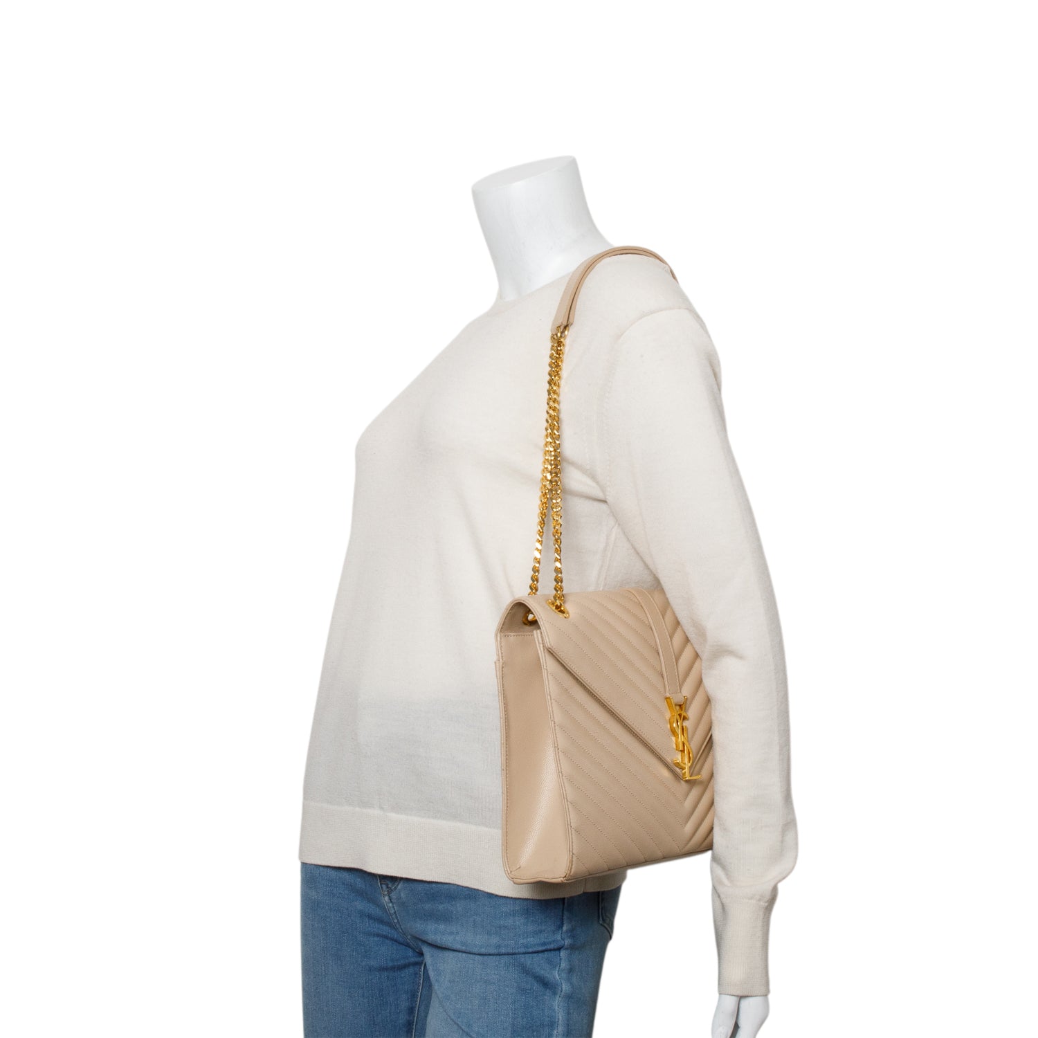 Saint Laurent Beige Quilted Grain De Poudre Leather Large Envelope Chain Bag