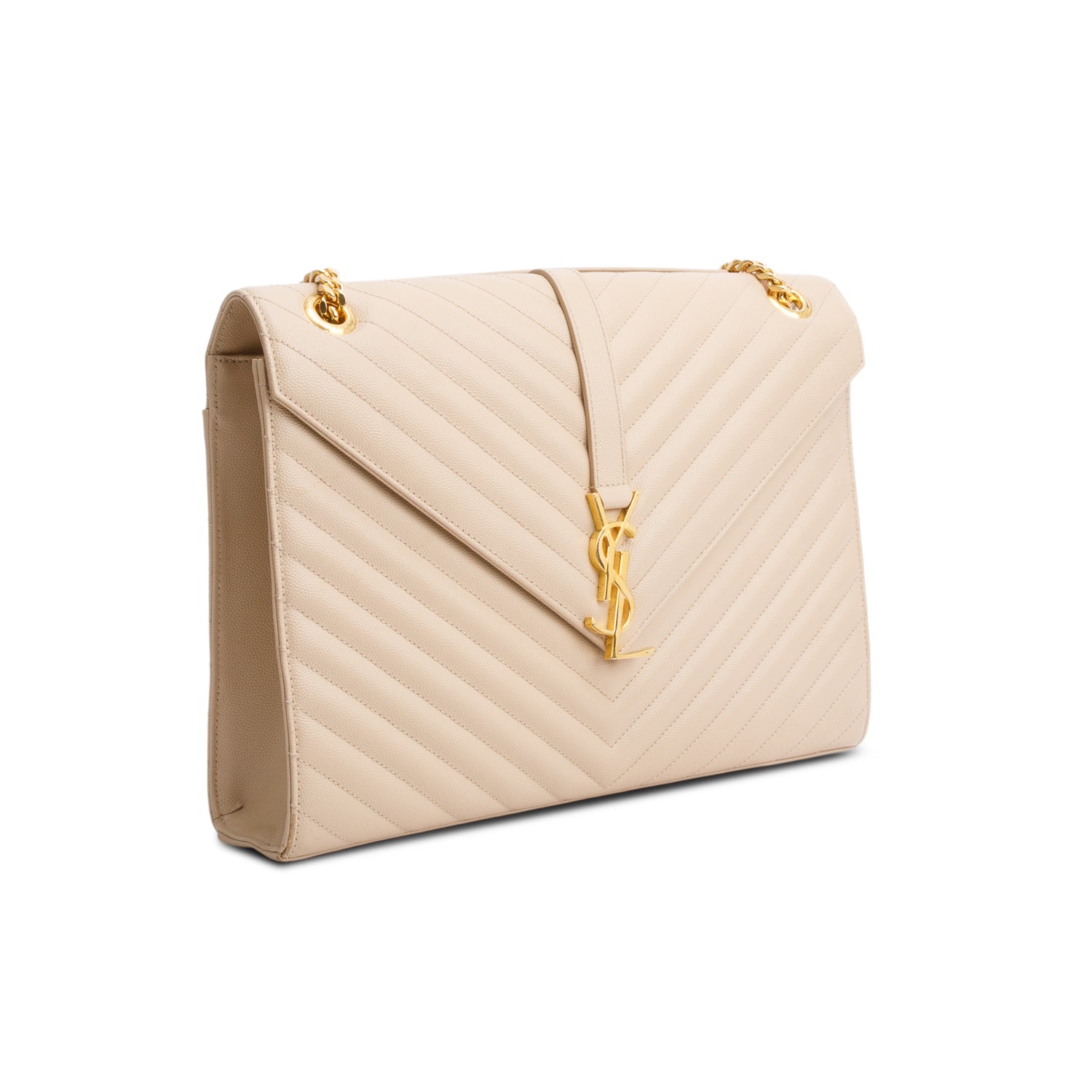 Saint Laurent Beige Quilted Grain De Poudre Leather Large Envelope Chain Bag