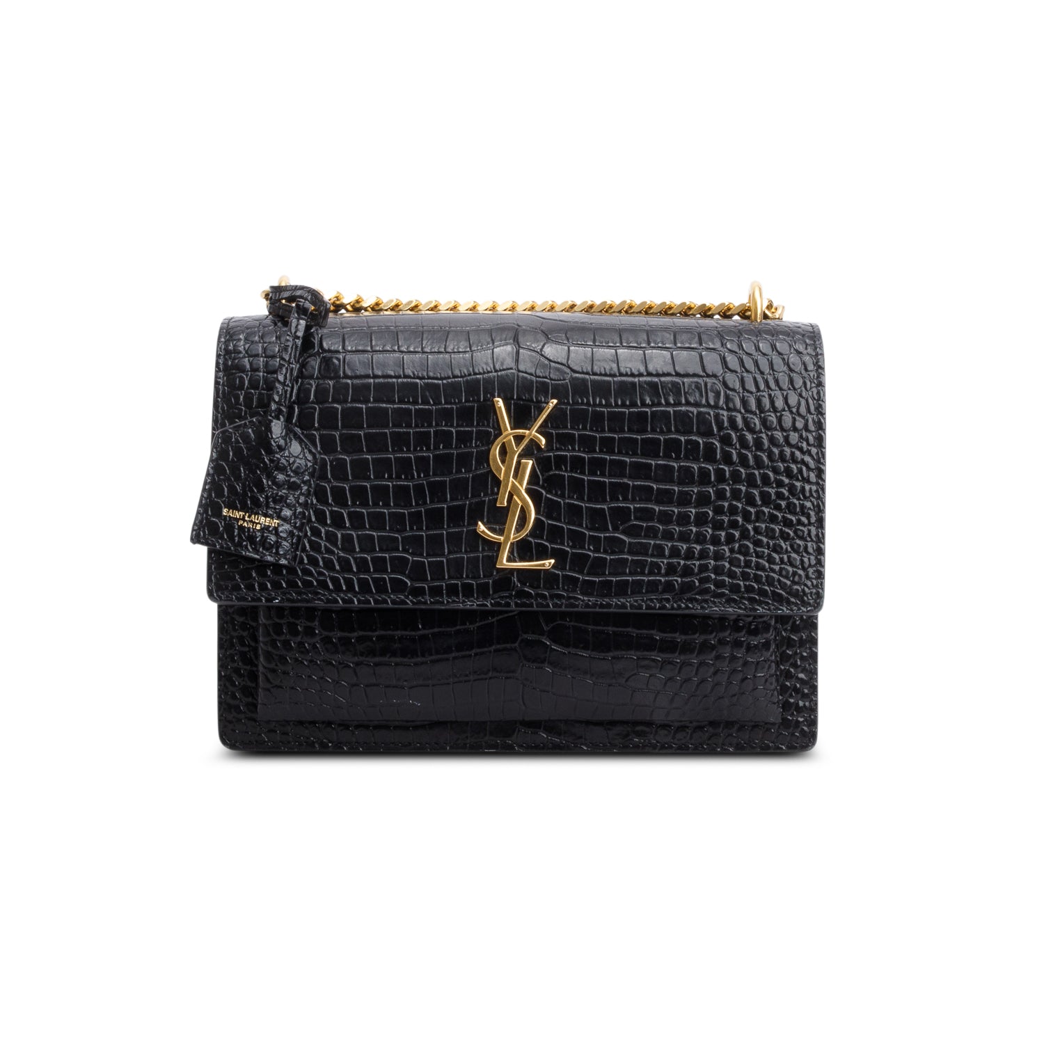Saint Laurent 2020 Black Croc Embossed Calfskin Medium Sunset Bag w/ Receipt