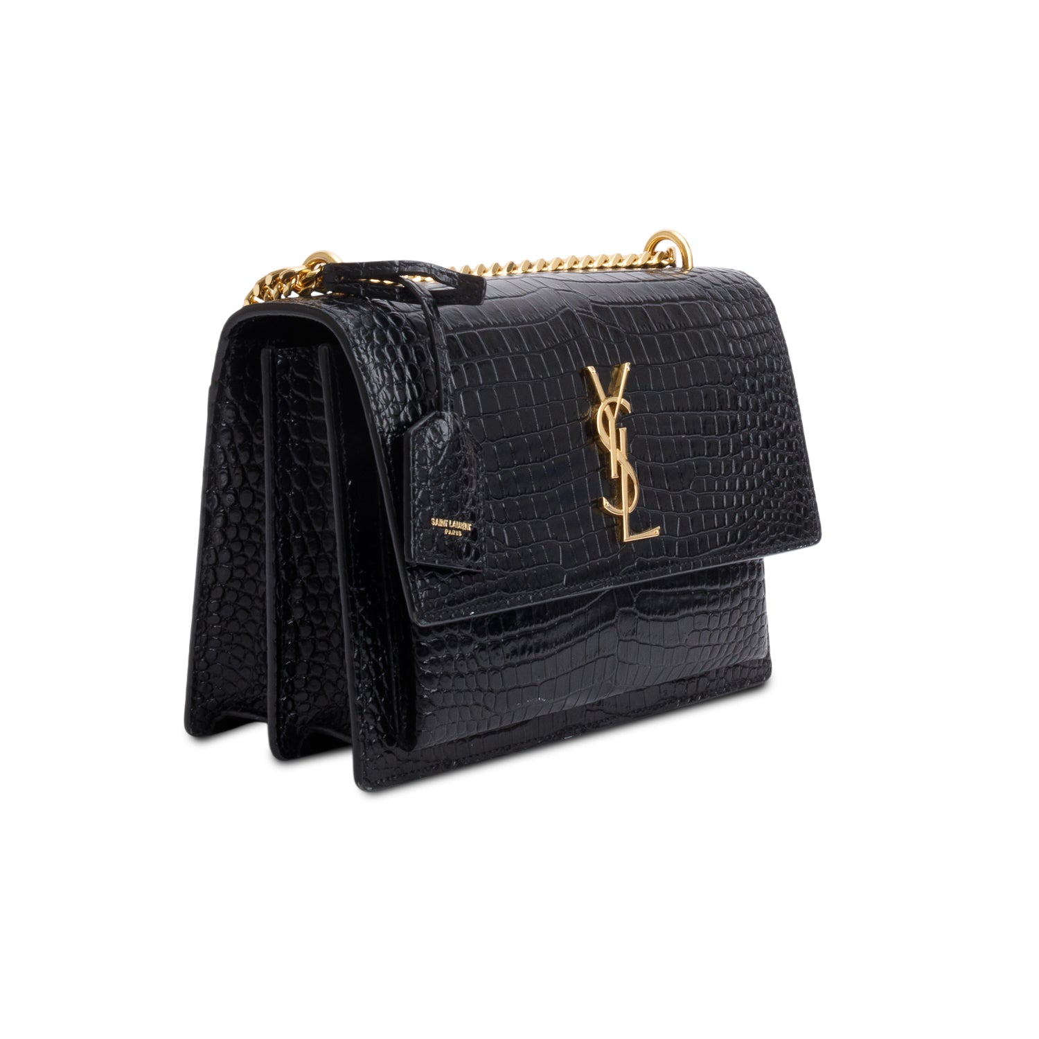 Saint Laurent 2020 Black Croc Embossed Calfskin Medium Sunset Bag w/ Receipt
