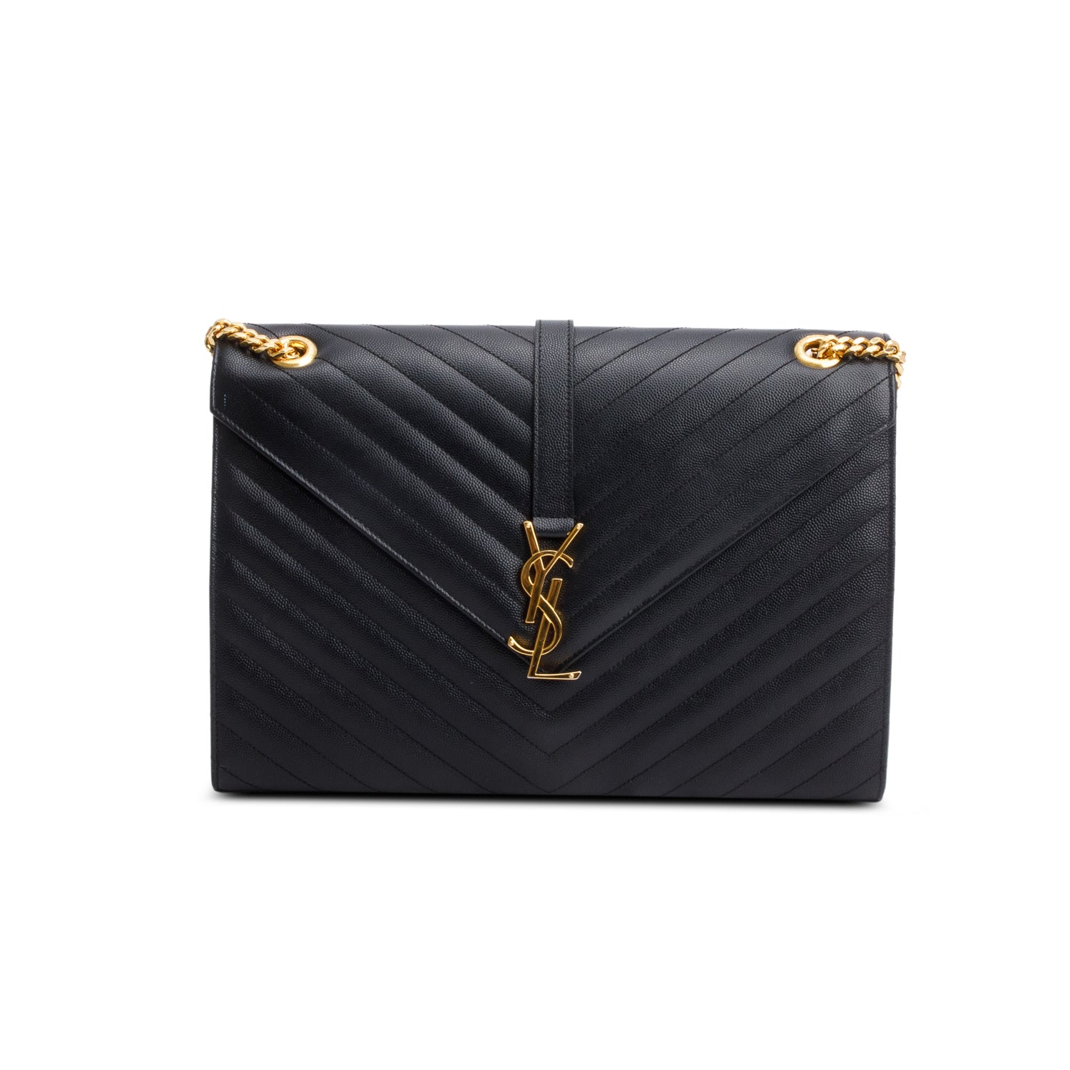 Saint Laurent Black Chevron Grain De Poudre Leather Large Envelope Chain Bag