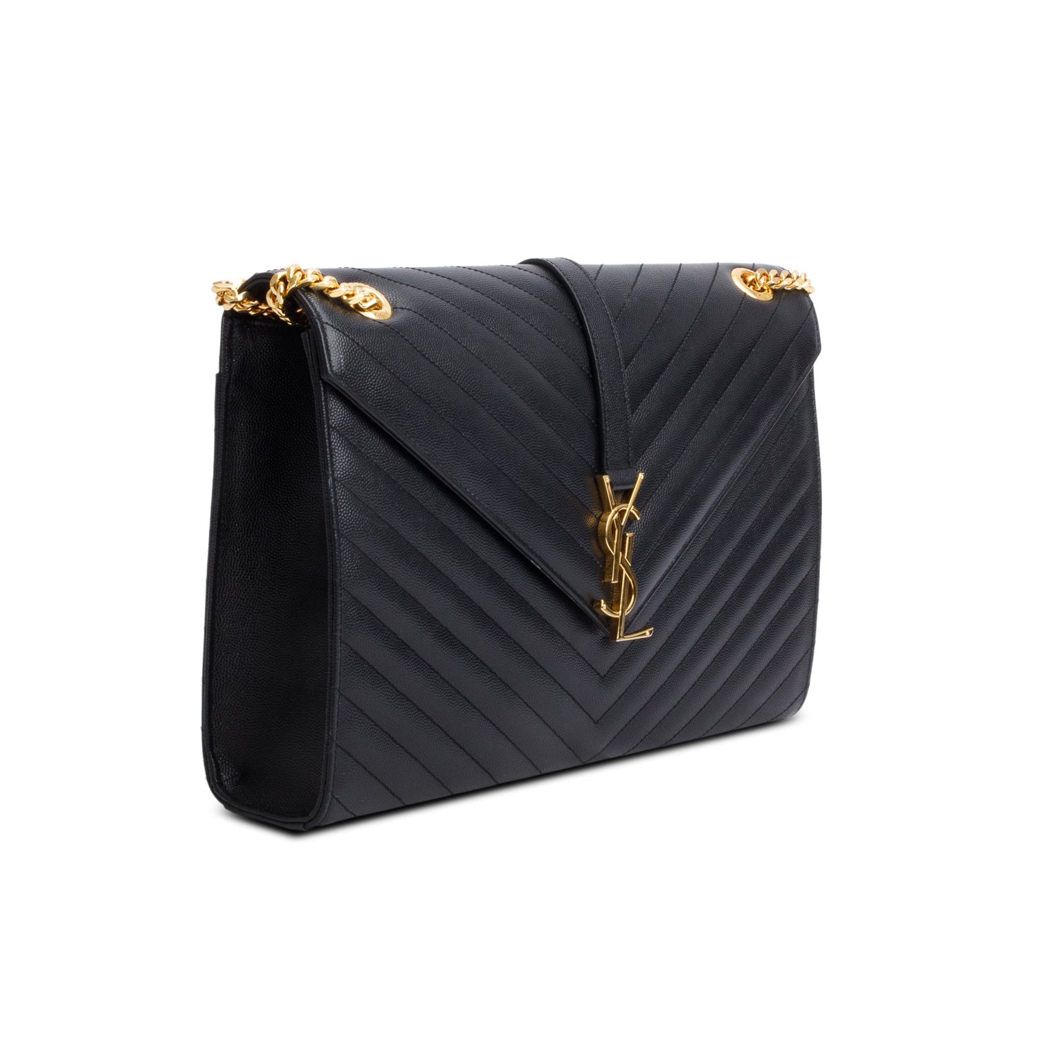 Saint Laurent Black Chevron Grain De Poudre Leather Large Envelope Chain Bag