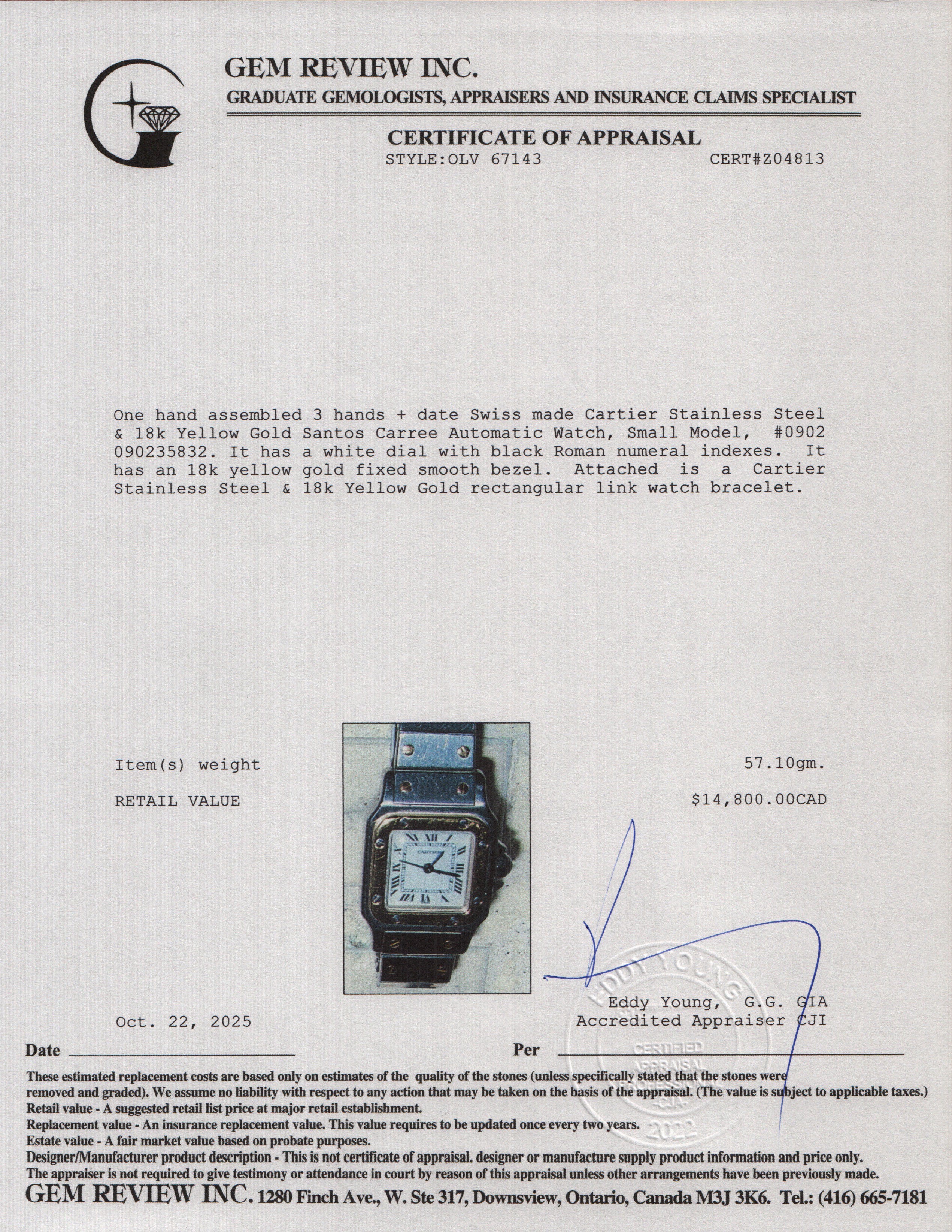 Cartier Stainless Steel & 18k Yellow Gold Santos Carree Automatic Watch, Small Model 0902 w/ Papers