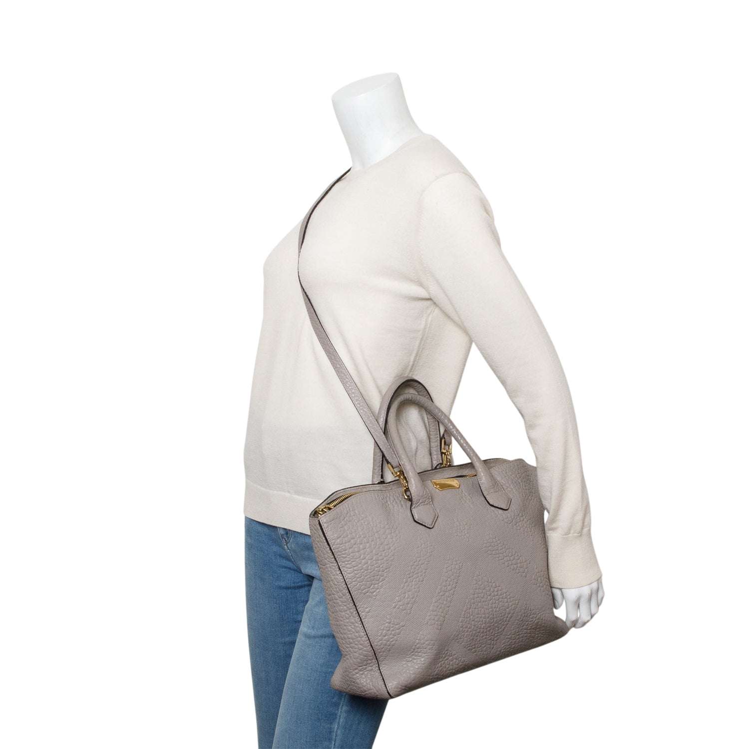 Burberry Grey Check Embossed Heritage Grain Leather Dewsbury Tote w/ Strap