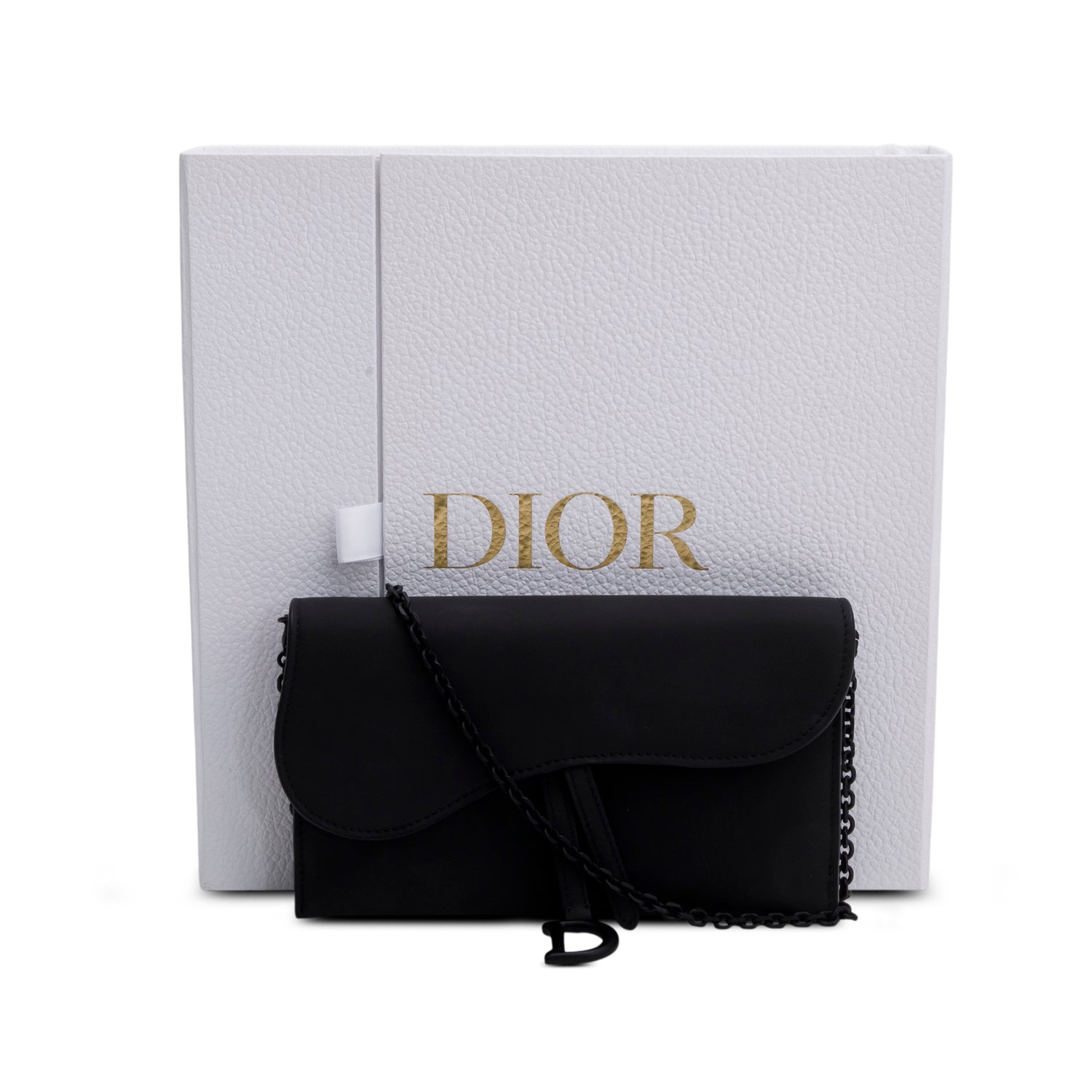 Christian Dior 2022 Black Ultra Matte Calfskin Saddle Chain Wallet Pouch w/ Box