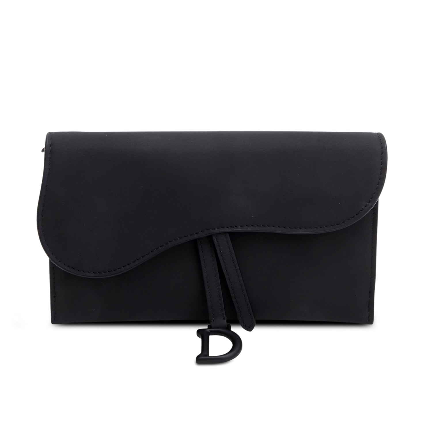 Christian Dior 2022 Black Ultra Matte Calfskin Saddle Chain Wallet Pouch w/ Box