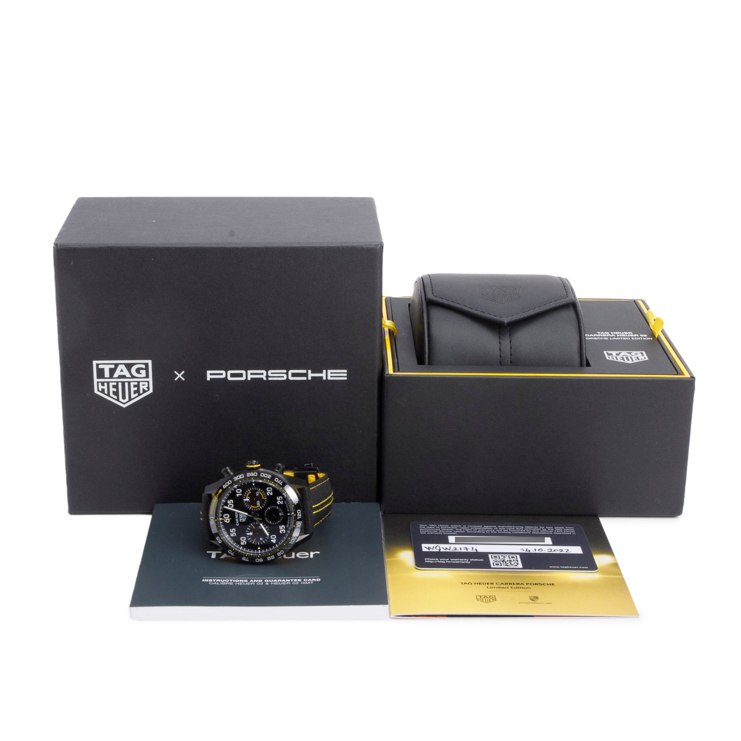 Tag Heuer 2022 Black PVD Stainless Steel & Ceramic Carrera Porsche Yellow Racing 44 MM Automatic Chronograph Watch Black Dial CBN2A1H w/ Box & Papers