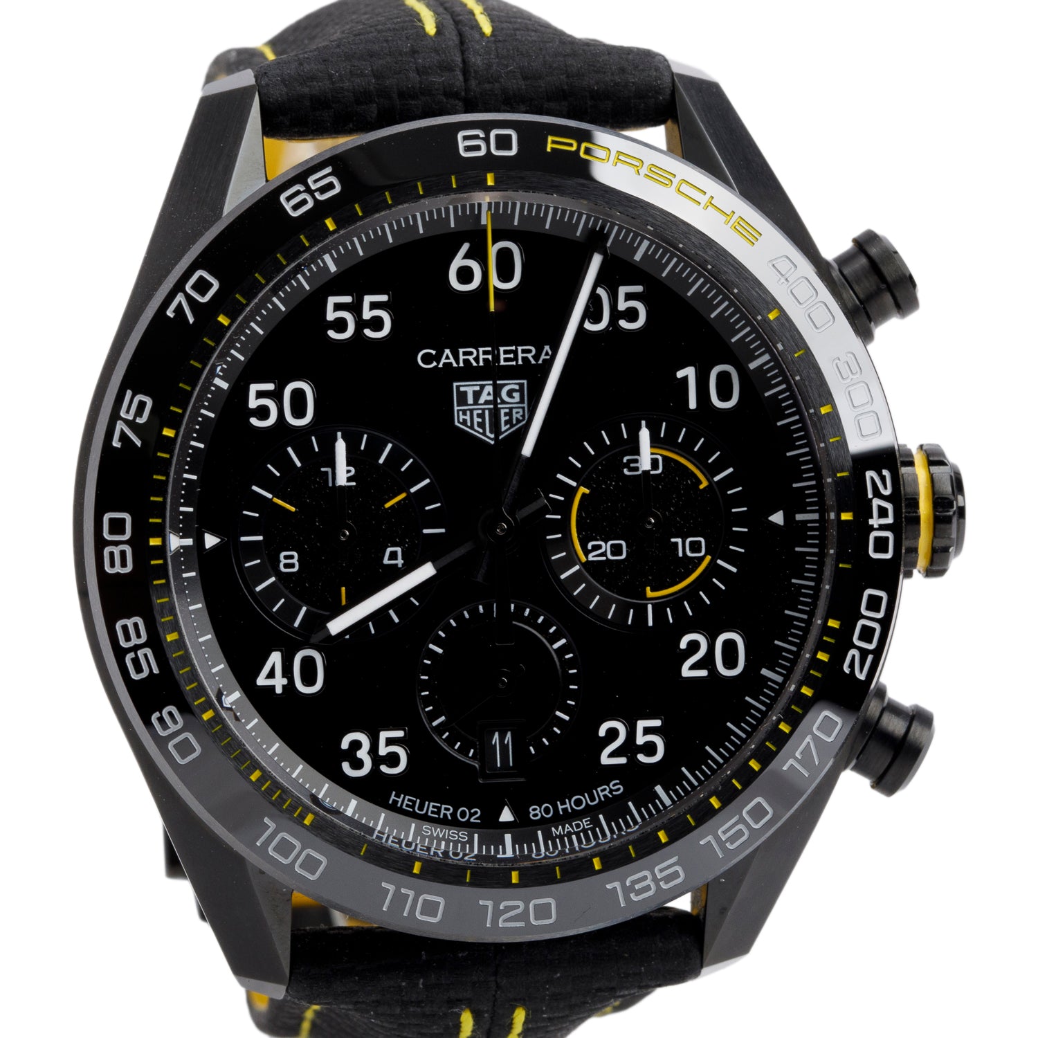 Tag Heuer 2022 Black PVD Stainless Steel & Ceramic Carrera Porsche Yellow Racing 44 MM Automatic Chronograph Watch Black Dial CBN2A1H w/ Box & Papers
