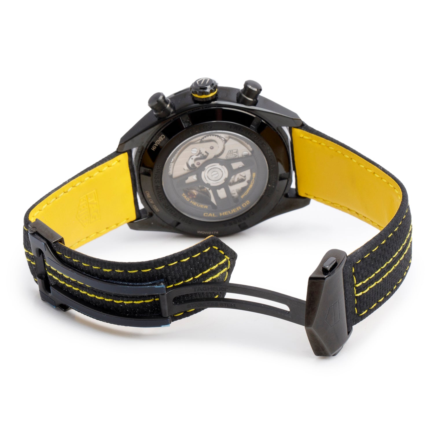 Tag Heuer 2022 Black PVD Stainless Steel & Ceramic Carrera Porsche Yellow Racing 44 MM Automatic Chronograph Watch Black Dial CBN2A1H w/ Box & Papers