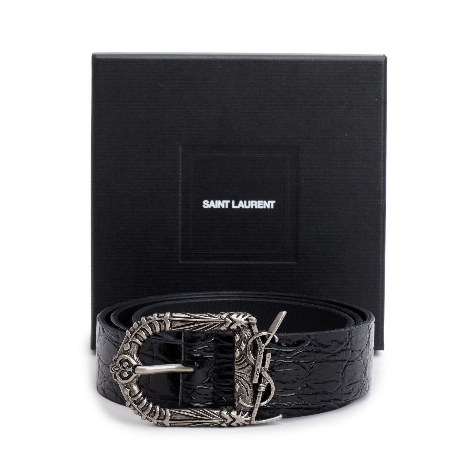 Saint Laurent 2020 Black Croc Embossed Patent Leather Celtic Belt 85, w/ Box