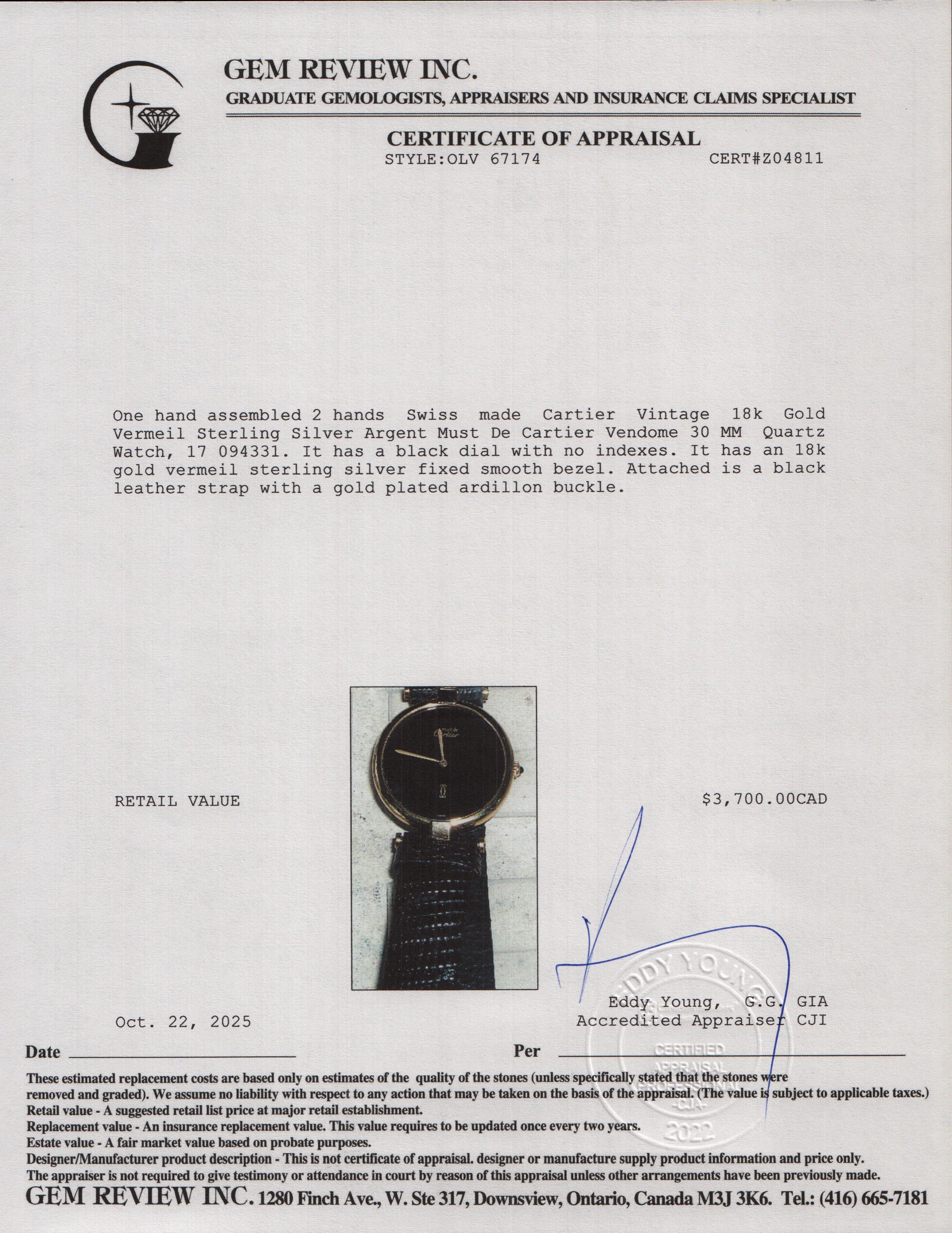 Cartier Vintage 18k Gold Vermeil Sterling Silver Argent Must De Cartier Vendome 30 MM Quartz Watch