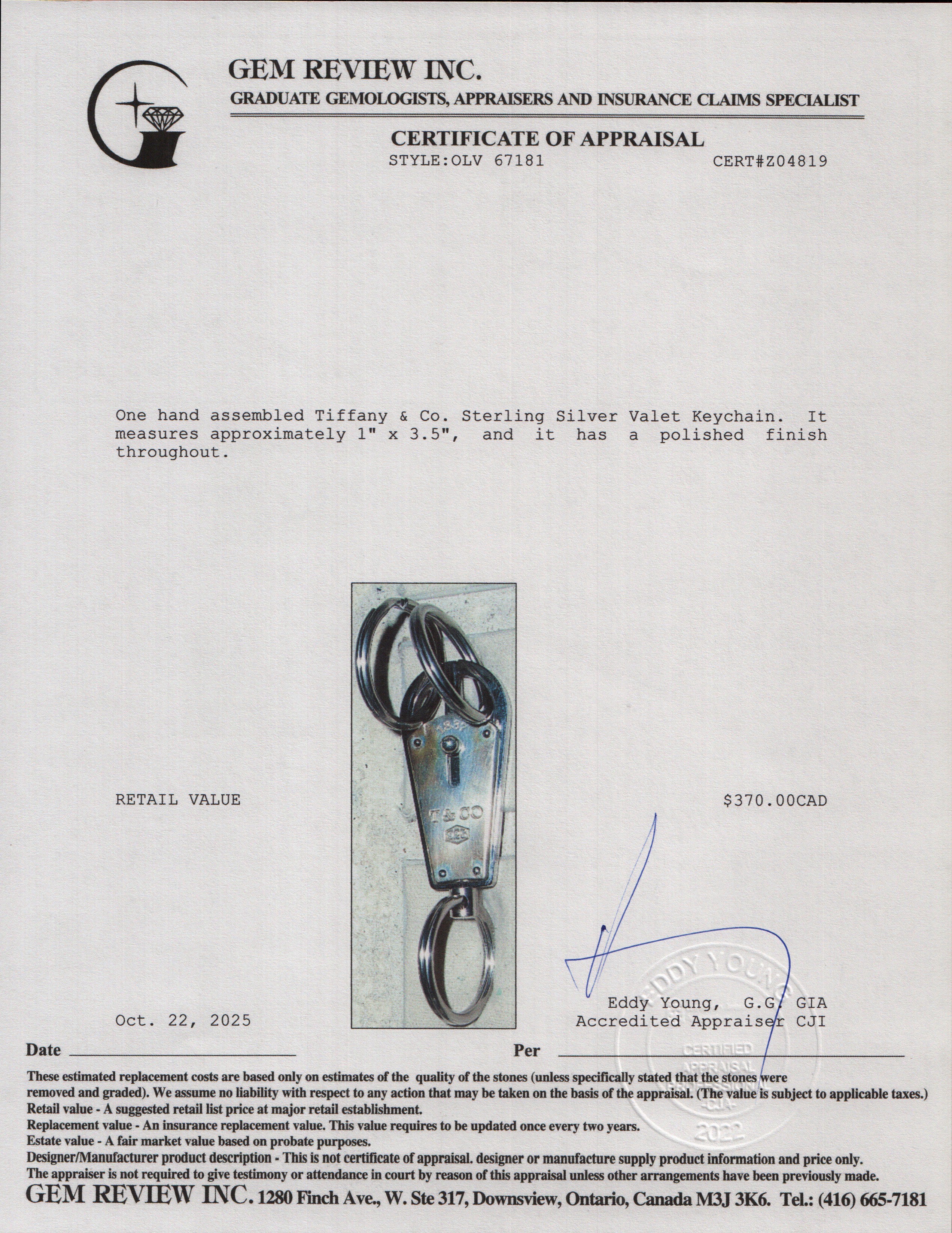 Tiffany & Co. Sterling Silver Valet Keychain