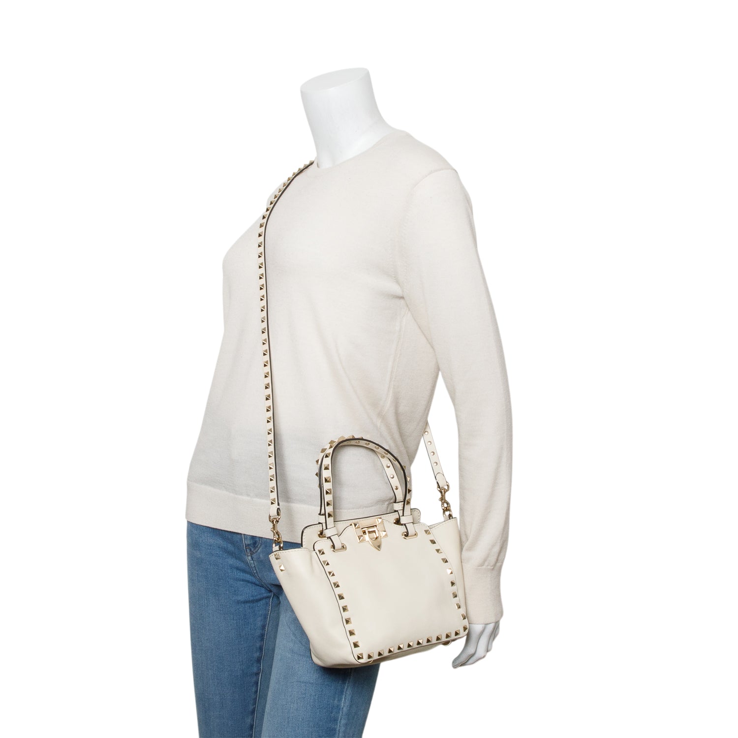 Valentino Cream Leather Mini Rockstud Tote w/ Strap