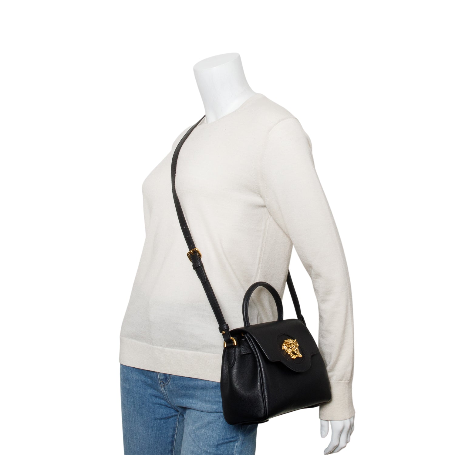 Versace Black Grained Leather La Medusa Small Handbag w/ Straps