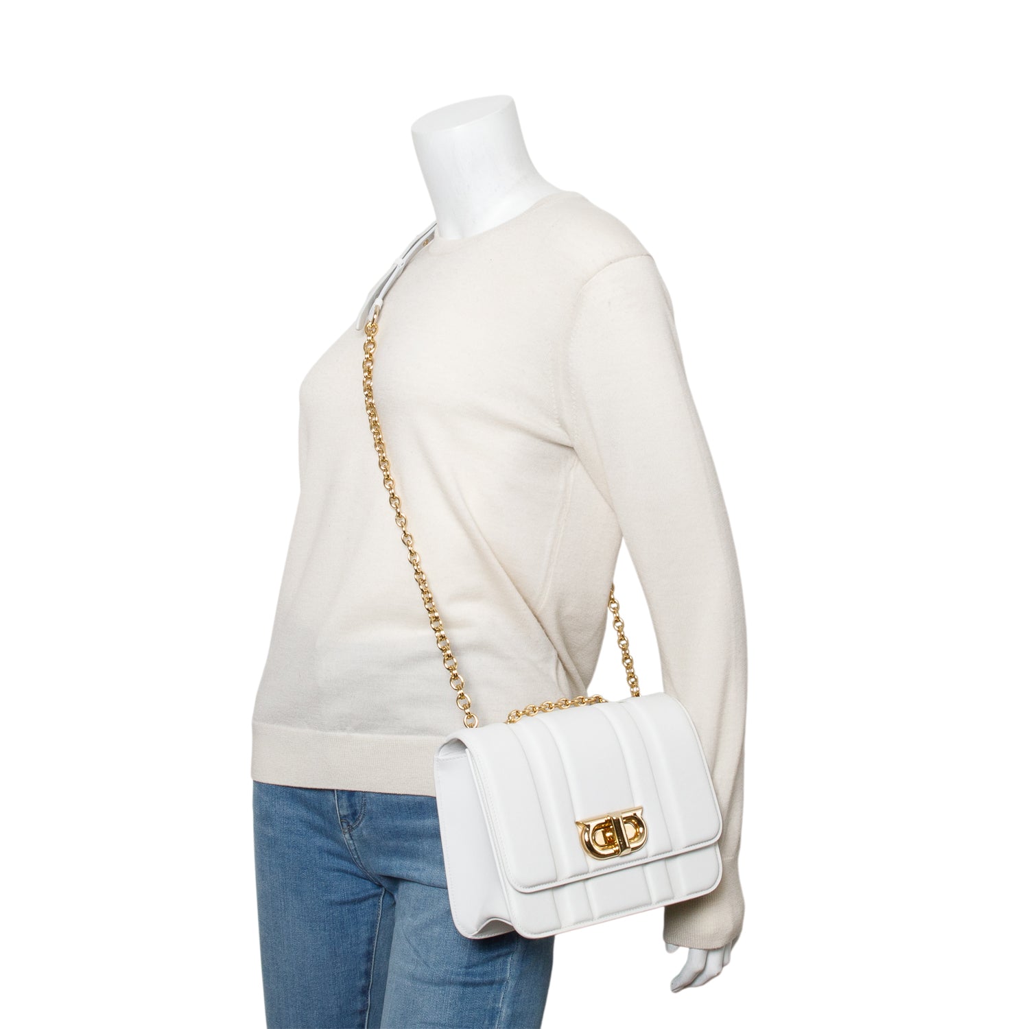 Ferragamo White Leather Gancini Leather Shoulder Bag