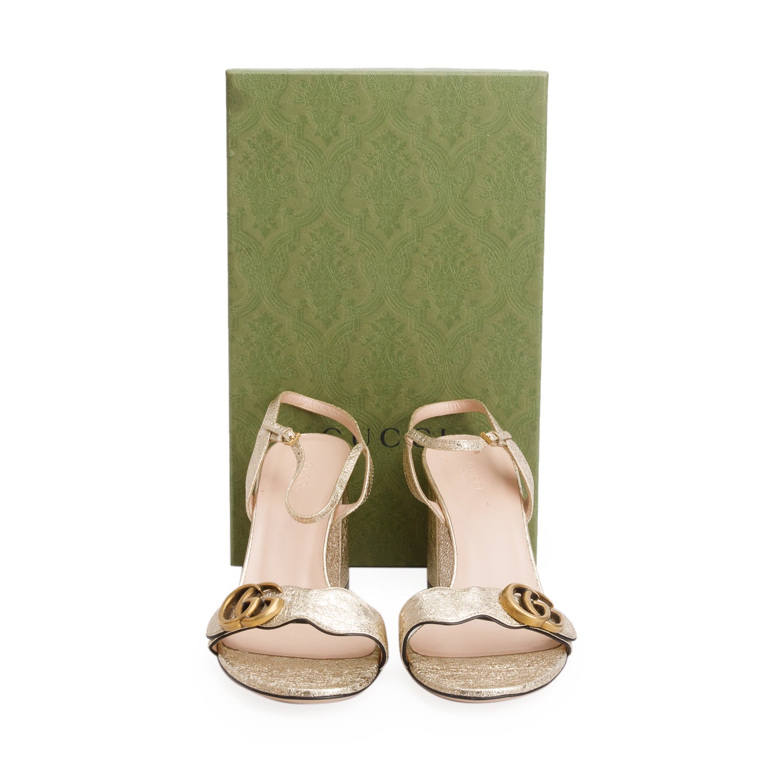 Gucci Metallic Gold Calfskin Marmont Ankle Wrap Sandals, Size 42 w/ Box