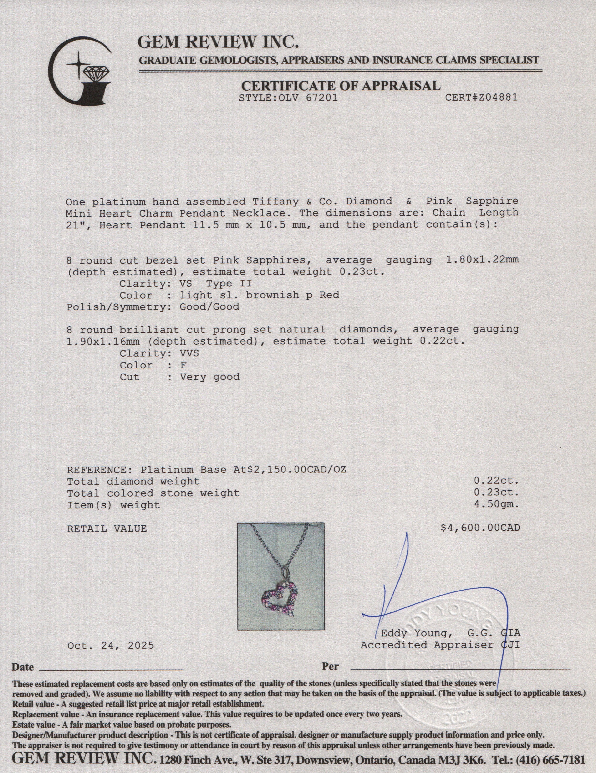 Tiffany & Co. Platinum Diamond & Pink Sapphire Mini Heart Charm Pendant Necklace w/ Box