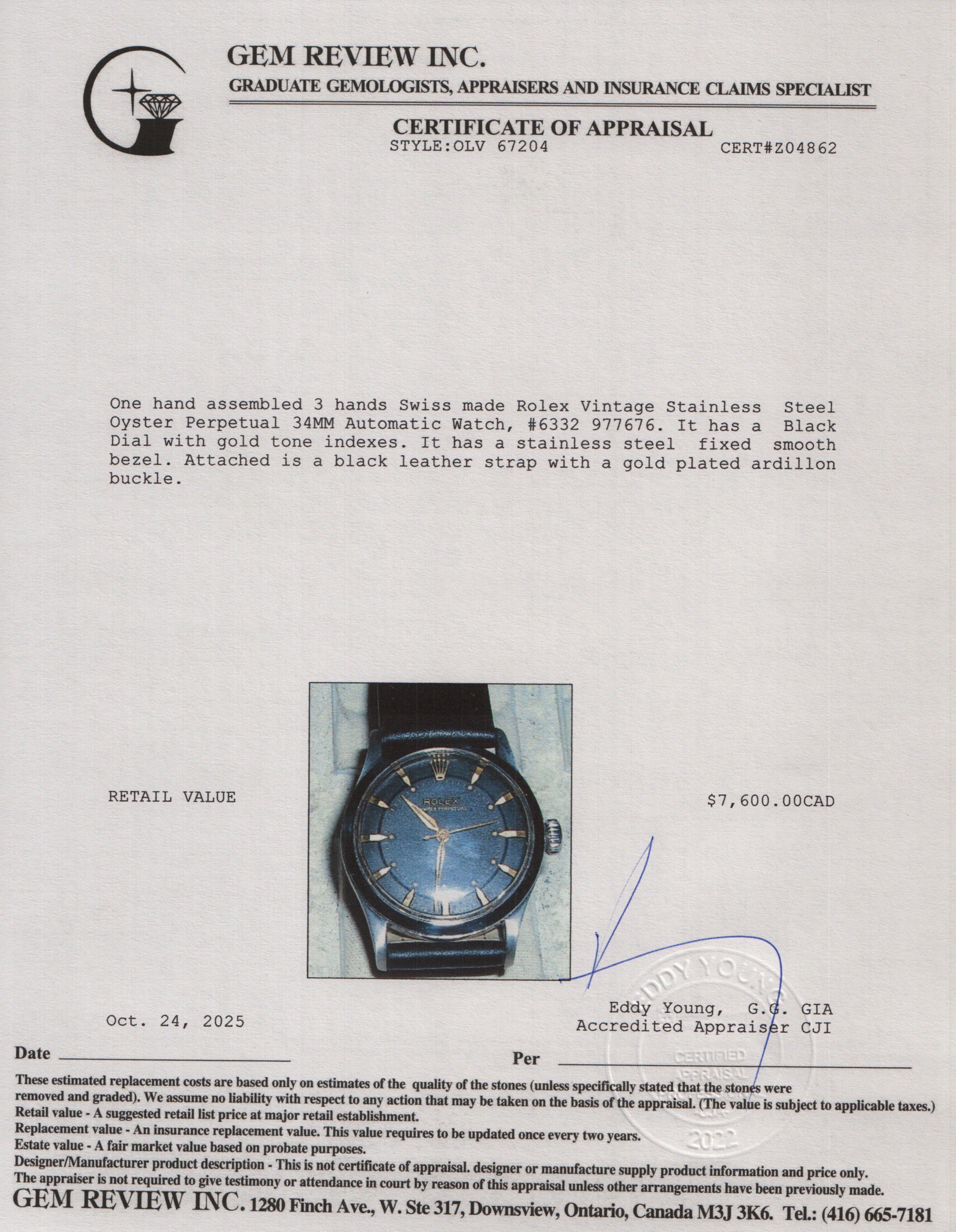 Rolex Vintage Stainless Steel Oyster Perpetual Bubbleback 34 MM Automatic Watch, Black Dial 6332