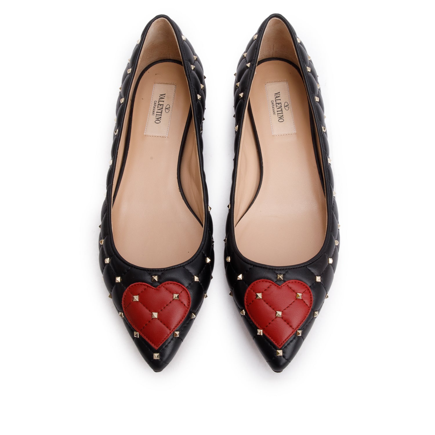 Valentino Black Quilted Leather Spikeit Valentine Flats, Size 37.5 w/ Box