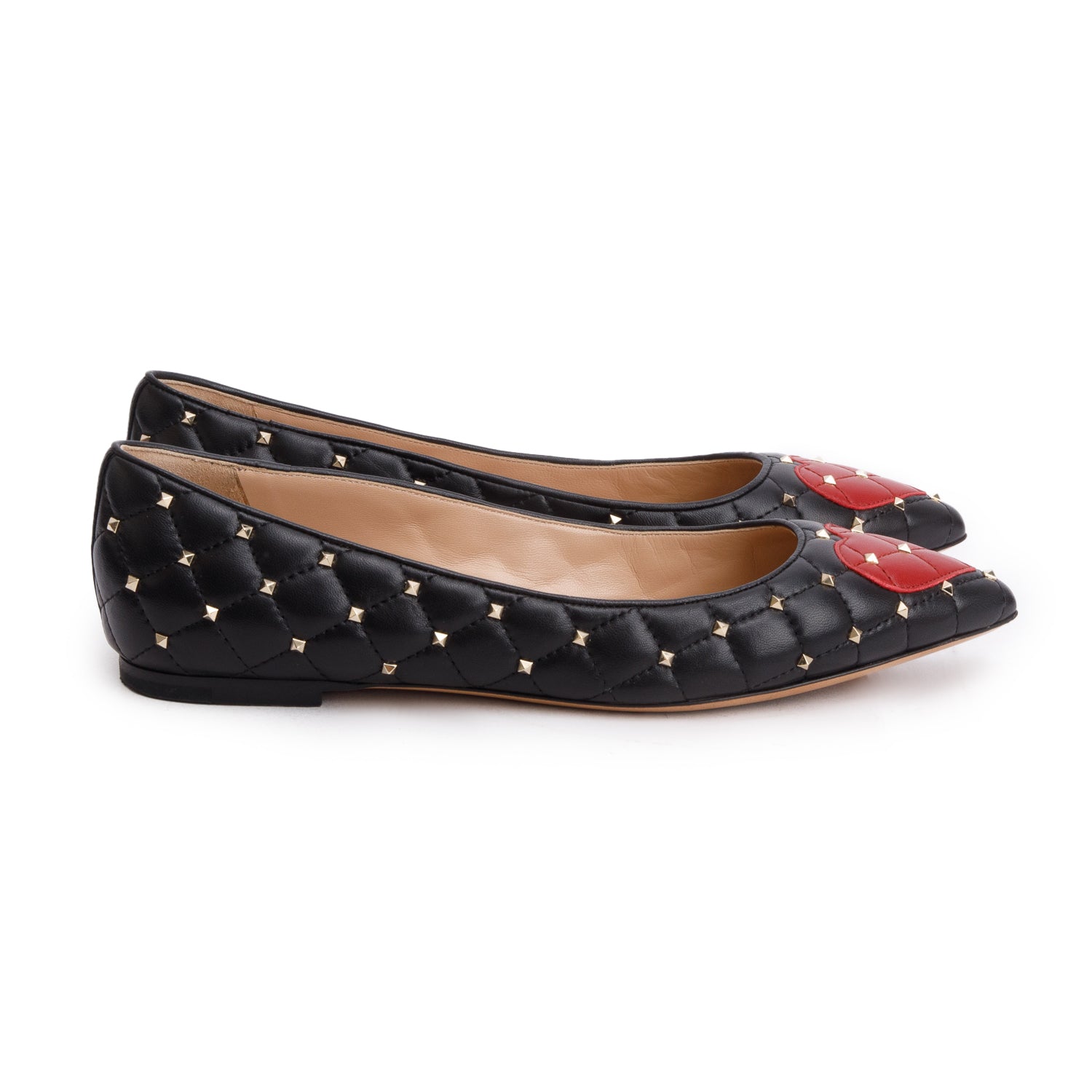 Valentino Black Quilted Leather Spikeit Valentine Flats, Size 37.5 w/ Box