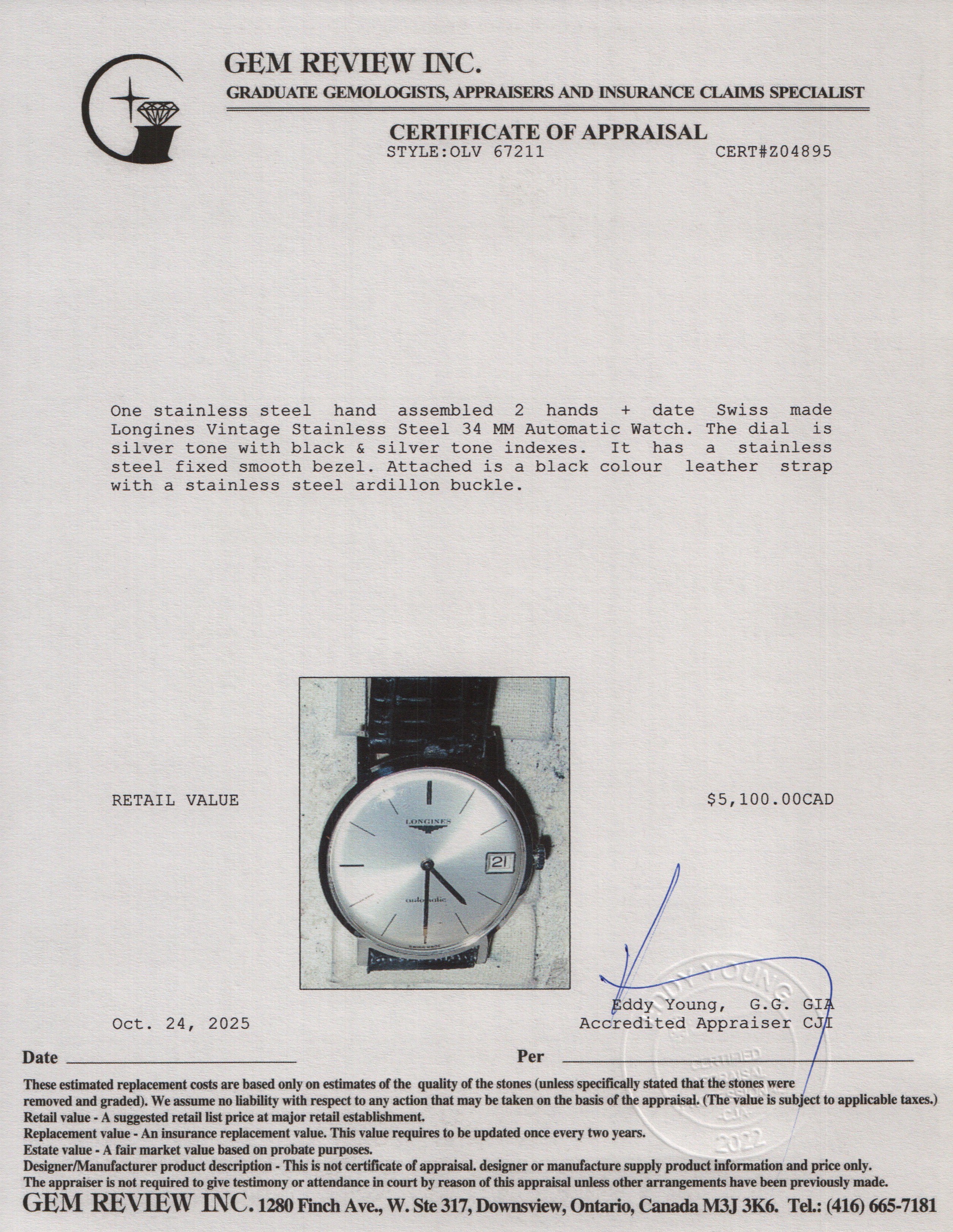 Longines Vintage Stainless Steel 34 MM Automatic Watch