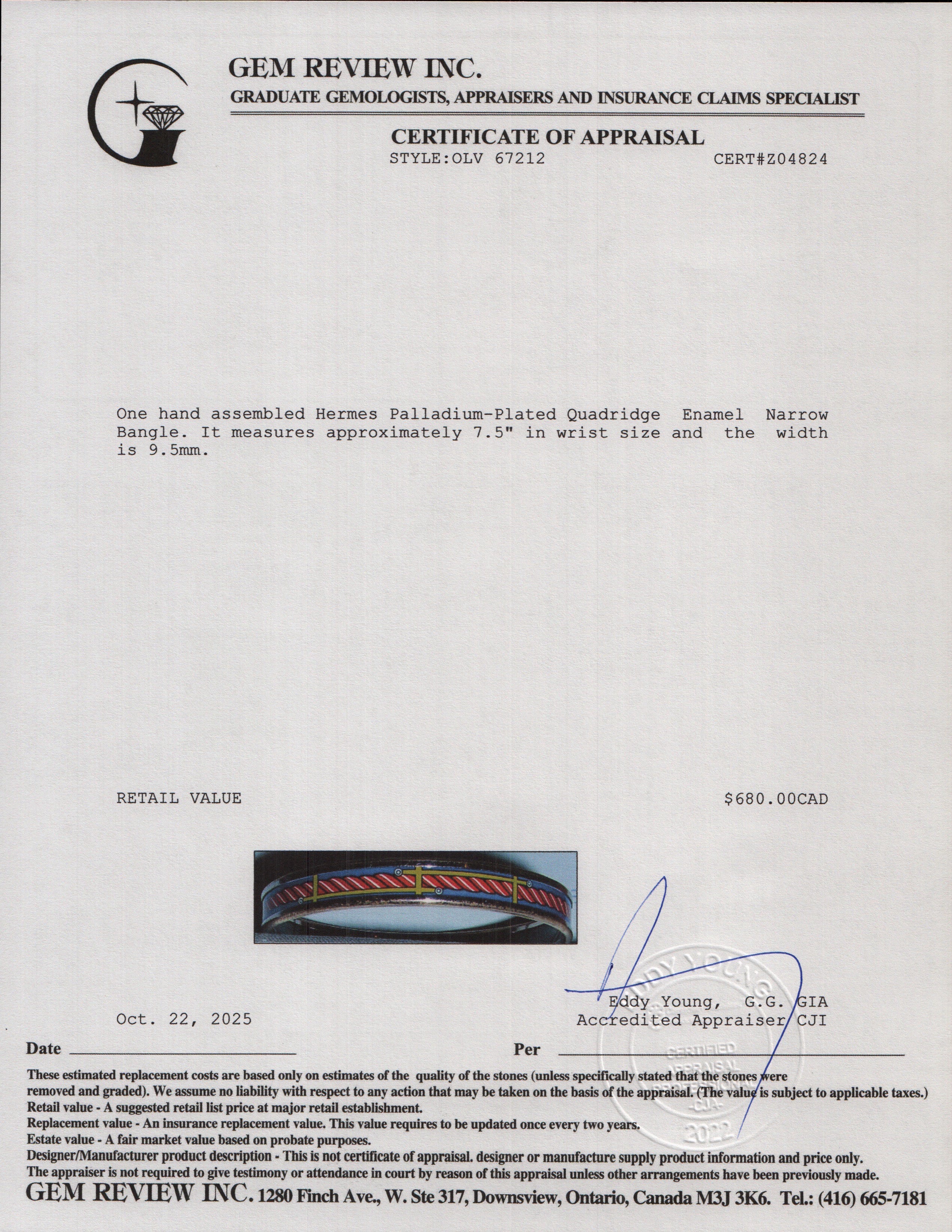 Hermes Palladium-Plated Quadridge Enamel Narrow Bangle